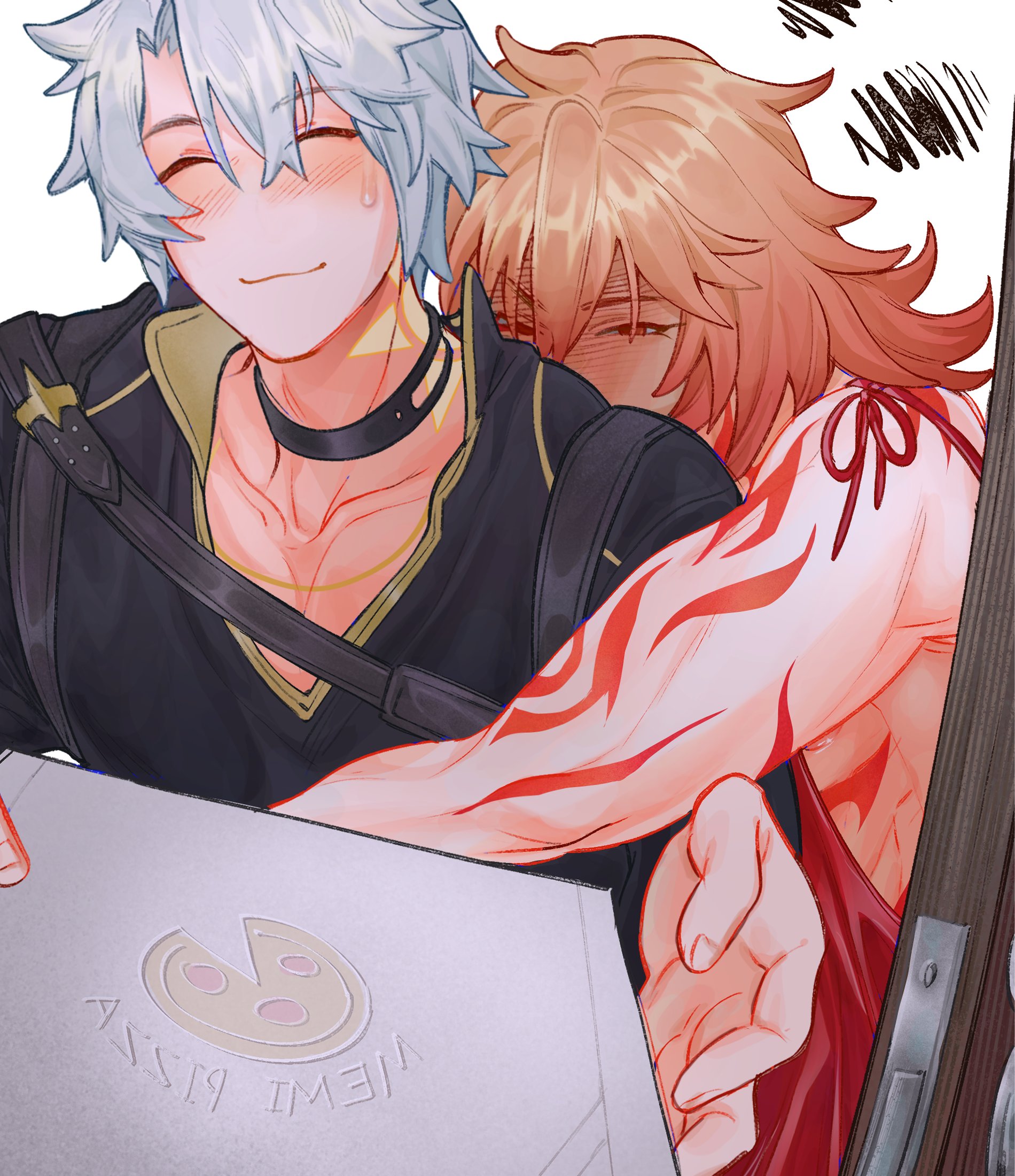 mydei (honkai: star rail), phainon (honkai: star rail), honkai: star rail, honkai (series), commentary, english commentary, highres, 2boys, antenna hair, arm tattoo, black choker, black shirt, blonde hair, blush, braid, chest tattoo, choker, closed eyes, facial tattoo, gradient hair, hug, hug from behind, jealous, male focus, medium hair, multicolored hair, multiple boys, neck tattoo, parted bangs, pizza box, red hair, red tank top, red tattoo, rys0lmaho, shirt, short hair, side braid, sun symbol, sun tattoo, sweatdrop, tan, tank top, tattoo, white hair, yaoi