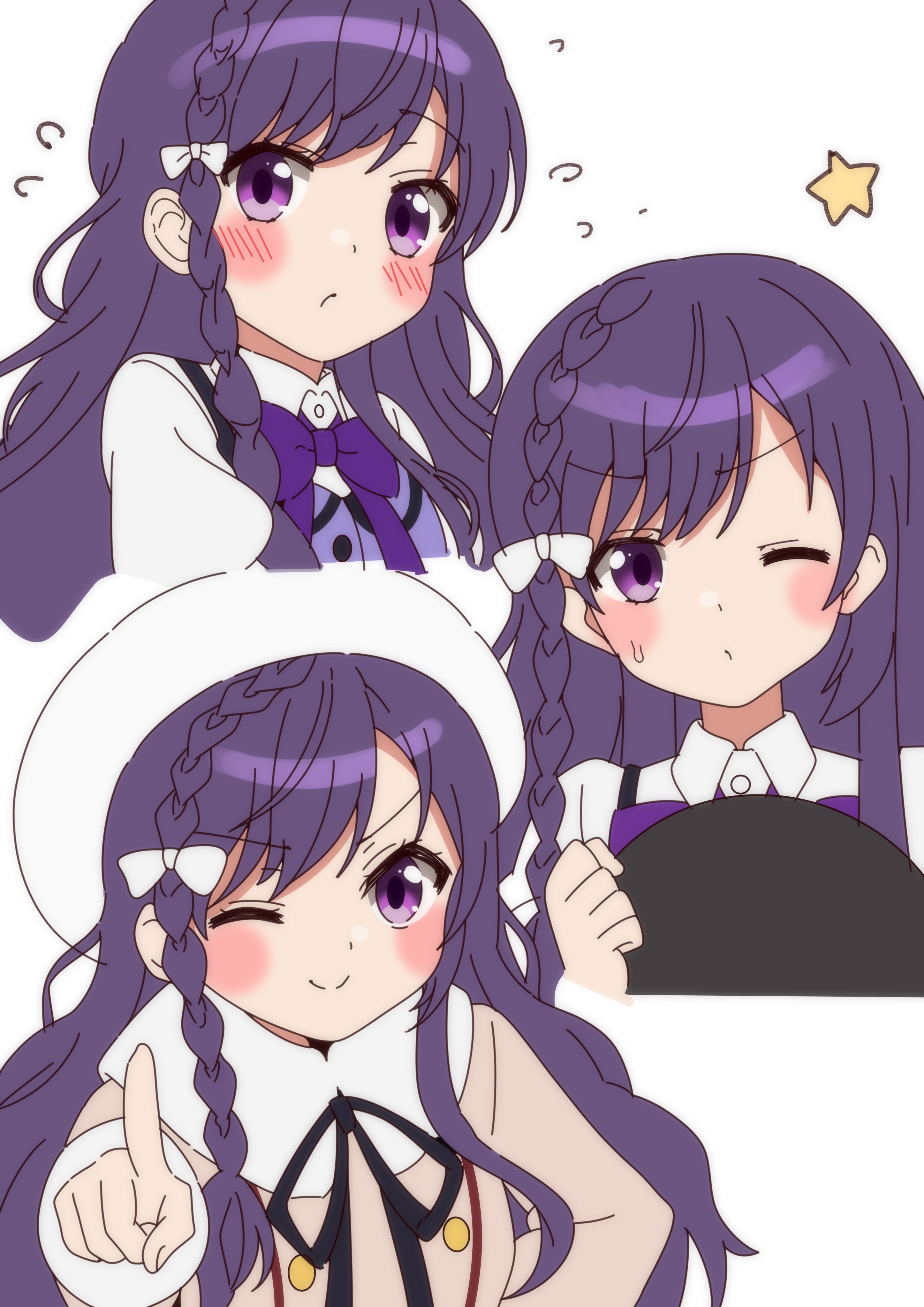 sinakyo, tedeza rize, gochuumon wa usagi desu ka?, absurdres, commentary request, highres, 1girl, beret, blush, bow, bowtie, braid, brown jacket, closed mouth, cropped torso, flying sweatdrops, hair bow, hat, holding, holding tray, jacket, long hair, looking at viewer, multiple views, one eye closed, pointing, pointing at viewer, purple bow, purple bowtie, purple eyes, purple vest, rabbit house uniform, simple background, single braid, star (symbol), tray, v-shaped eyebrows, vest, white background, white bow, white hat