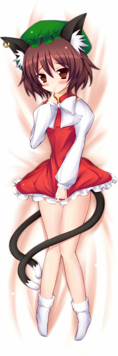 mikan (5555), chen, touhou, bad id, bad pixiv id, long image, tall image, 1girl, animal ears, blush, brown eyes, brown hair, cat ears, cat girl, cat tail, dakimakura (medium), dress, earrings, female focus, full body, hat, jewelry, lying, multiple tails, short hair, socks, solo, tail