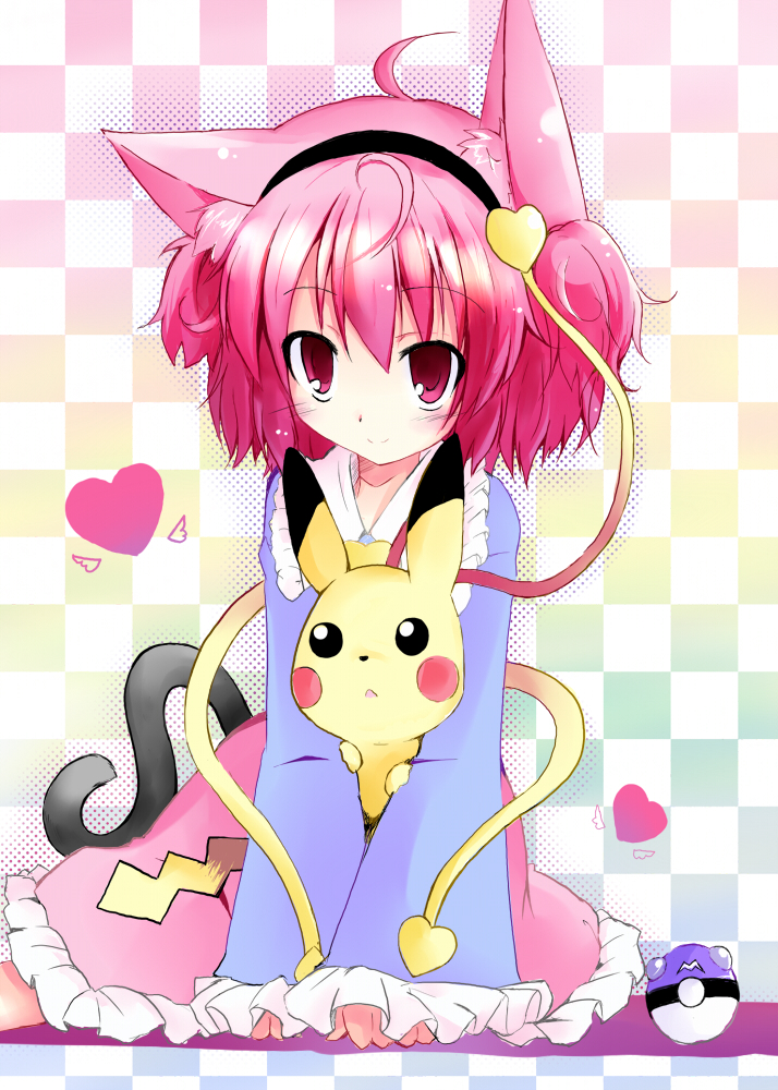 shichinose, komeiji satori, pikachu, nintendo, pokemon, touhou, 1girl, animal ears, cat ears, cat tail, crossover, gen 1 pokemon, hairband, heart, kemonomimi mode, master ball, pink hair, poke ball, pokemon (creature), red eyes, short hair, tail