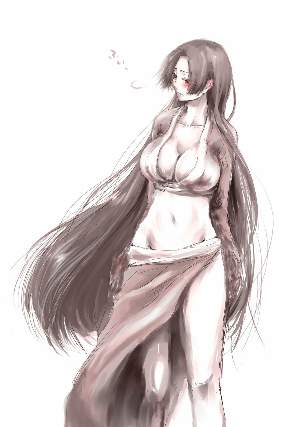 mochi mocchi, boa hancock, one piece, bad id, bad pixiv id, highres, 1girl, amazon lily, amazon warrior, blush, breasts, cleavage, female focus, large breasts, long hair, long skirt, long sleeves, midriff, monochrome, sketch, skirt, solo, spot color, very long hair