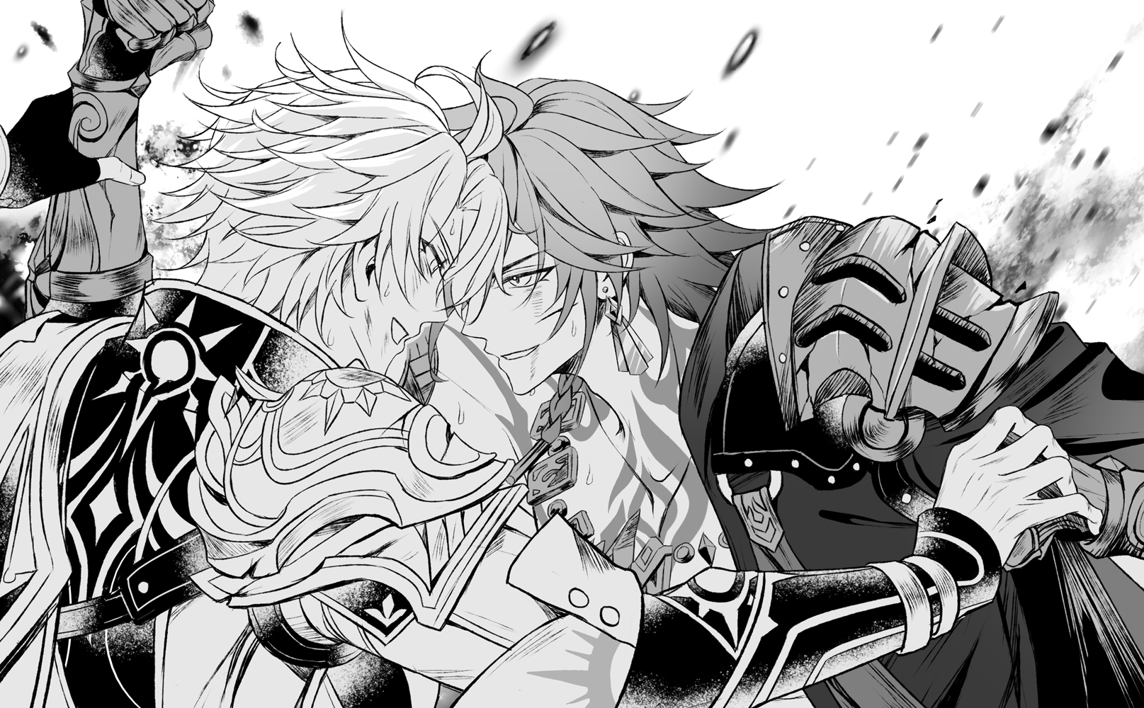 7-river, mydei (honkai: star rail), phainon (honkai: star rail), honkai: star rail, honkai (series), chinese commentary, commentary request, highres, 2boys, antenna hair, arm tattoo, armor, black coat, black gloves, braid, chest tattoo, clawed gauntlets, coat, duel, earrings, fingerless gloves, gloves, greyscale, jewelry, medium hair, monochrome, multiple boys, necklace, open clothes, open coat, parted bangs, pauldrons, short hair, shoulder armor, side braids, single glove, single pauldron, sun print, tattoo, white coat