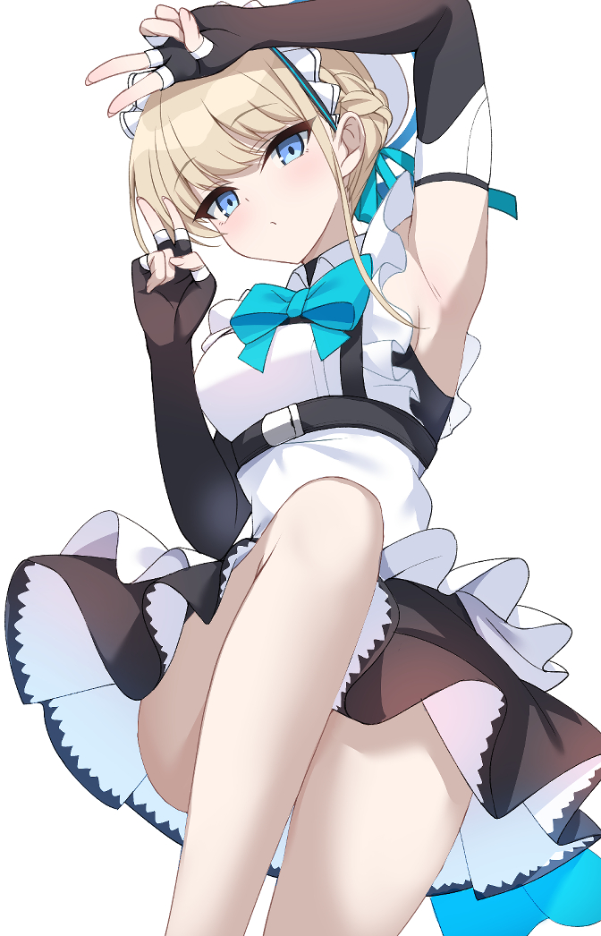 nanoyo, toki (blue archive), blue archive, commentary request, 1girl, apron, arm up, armpits, black dress, blonde hair, blue eyes, blue halo, braid, bun cover, double v, dress, elbow gloves, expressionless, fingerless gloves, gloves, hair bun, half up braid, halo, maid apron, maid headdress, sleeveless, sleeveless dress, solo, v, white background