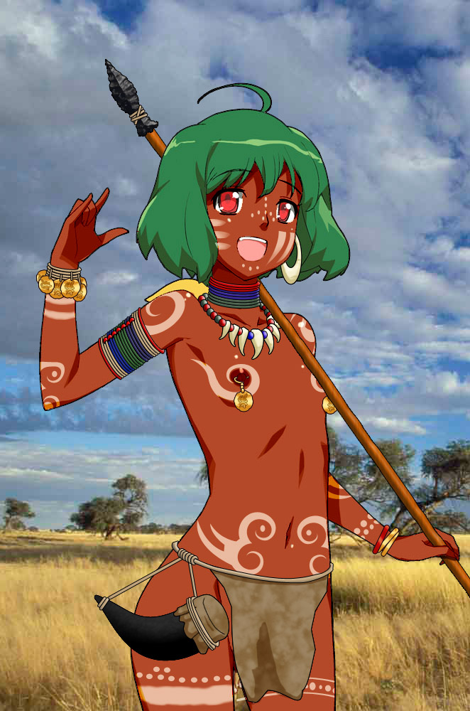 ranka lee, macross, macross frontier, third-party edit, 00s, africa, african clothes, ahoge, alternate skin color, armlet, bangle, bodypaint, bracelet, dark nipples, dark skin, earrings, flat chest, green hair, hoop earrings, jewelry, loincloth, looking at viewer, neck ring, necklace, nipple piercing, nipple rings, nipples, piercing, polearm, powder horn, red eyes, salute, savannah, spear, tooth necklace, tribal, tribal clothes, tribal girl, tribal print, weapon