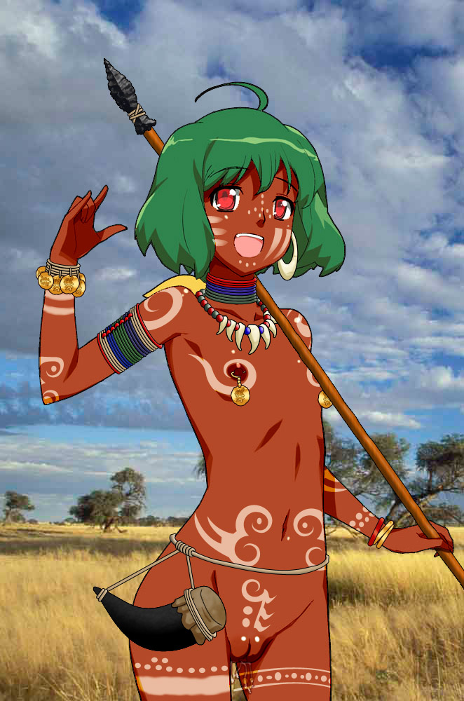 ranka lee, macross, macross frontier, artist request, third-party edit, 00s, 1girl, m/, africa, bodypaint, cloud, cowboy shot, dark-skinned female, dark nipples, dark skin, female focus, flat chest, green hair, looking at viewer, nipple piercing, nipple rings, nipples, nude, open mouth, outdoors, photo background, piercing, pussy, pussy juice, red eyes, short hair, sky, smile, solo, tree, tribal, uncensored