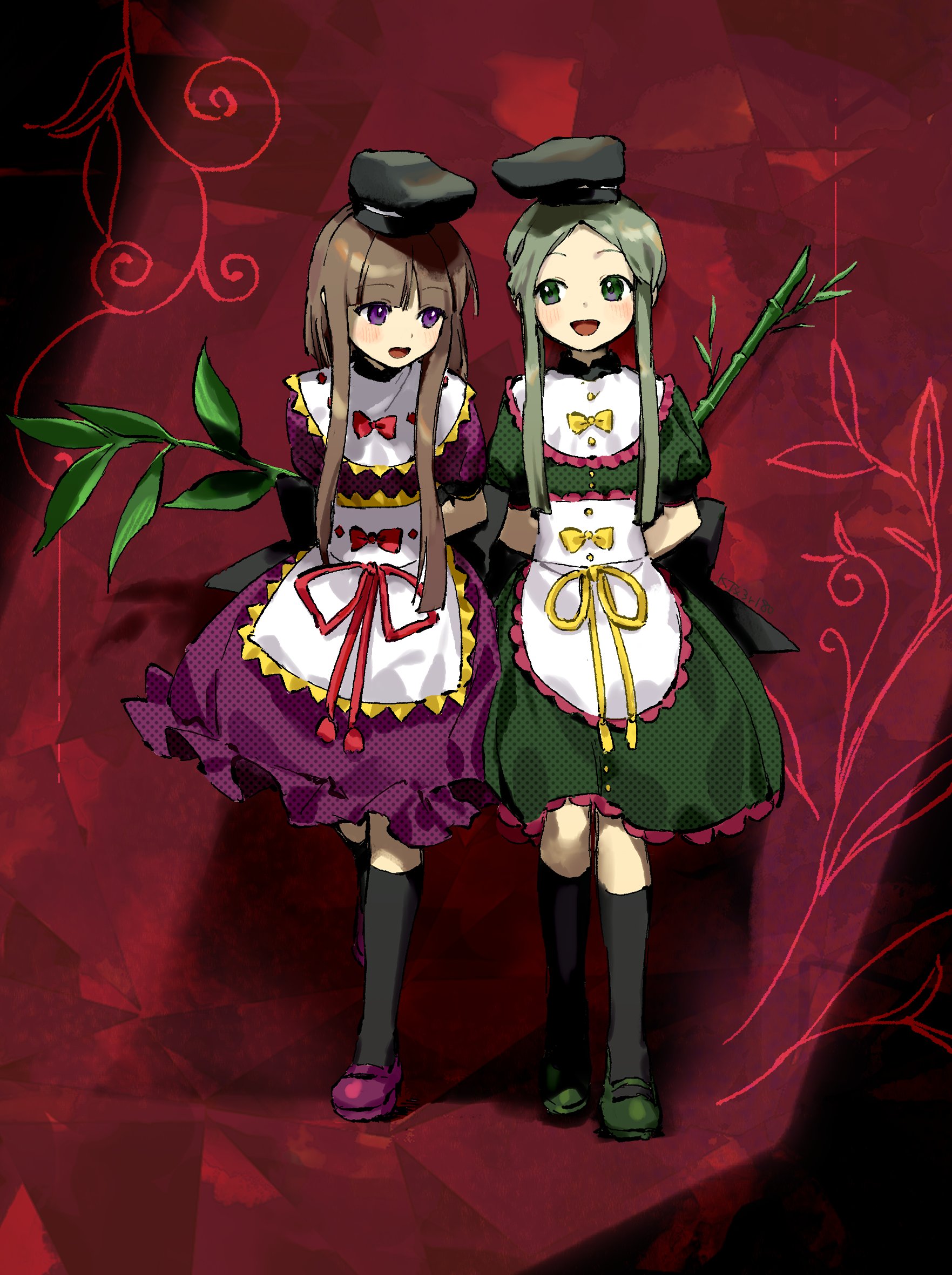 kaigen 1025, nishida satono, teireida mai, touhou, highres, 2girls, arms behind back, black hat, black thighhighs, brown hair, dress, frilled dress, frills, full body, green dress, green eyes, green hair, hat, holding, holding plant, multiple girls, pink dress, plant, red background, smile, thighhighs