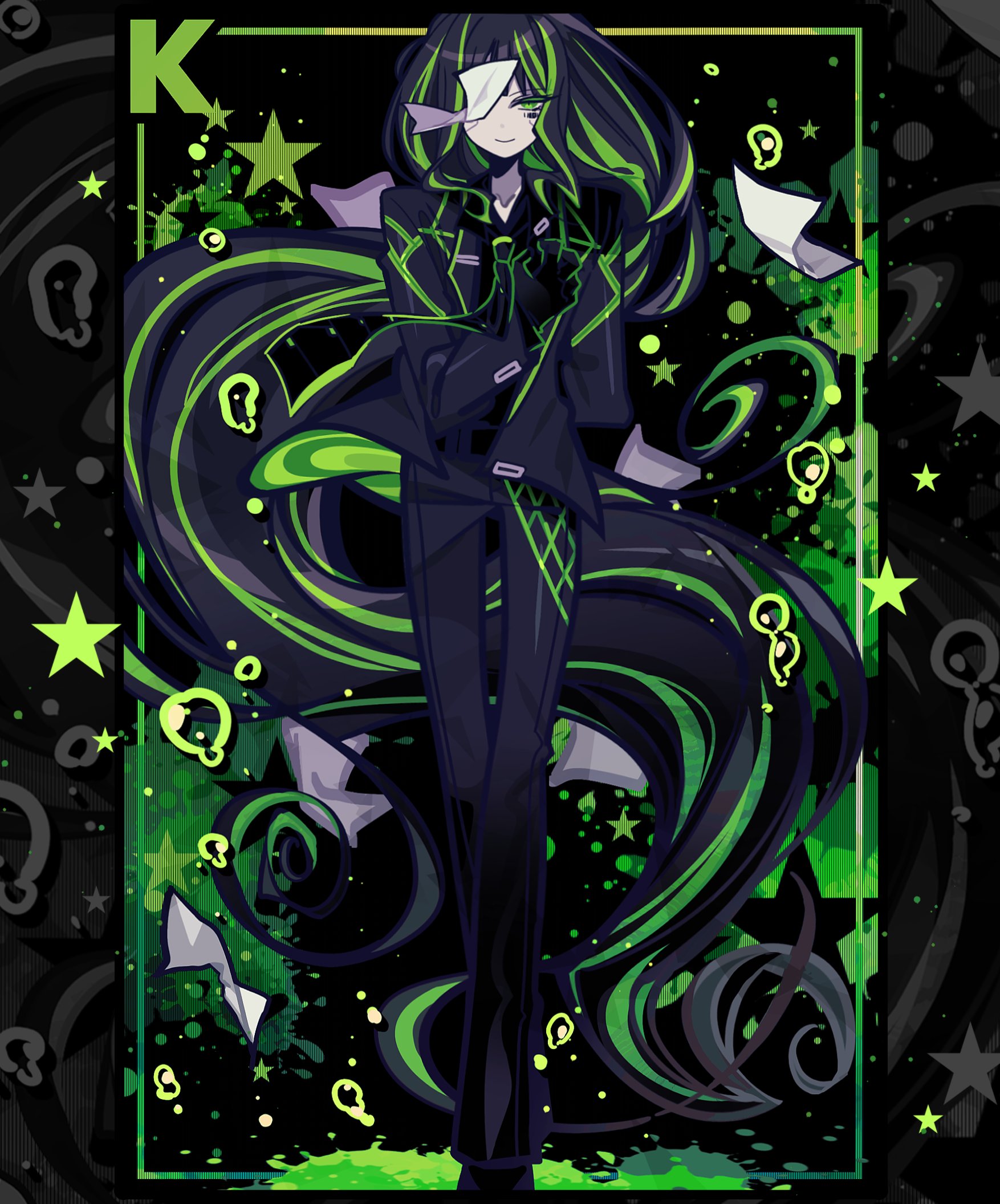 anzu (anzuhan), alfonso (project moon), limbus company, project moon, highres, 1girl, barcode, barcode tattoo, black gloves, black hair, black necktie, black pants, black shirt, collared shirt, full body, gloves, green eyes, green streaks, jacket, long hair, looking at viewer, multicolored hair, necktie, pants, shirt, smile, solo, streaked hair, tattoo, very long hair
