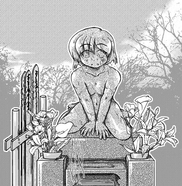 stone, 1girl, bob cut, breasts, cloud, female focus, flower, greyscale, monochrome, navel, nude, outdoors, petrification, plant, short hair, sitting, sky, small breasts, solo, statue, tombstone, tree