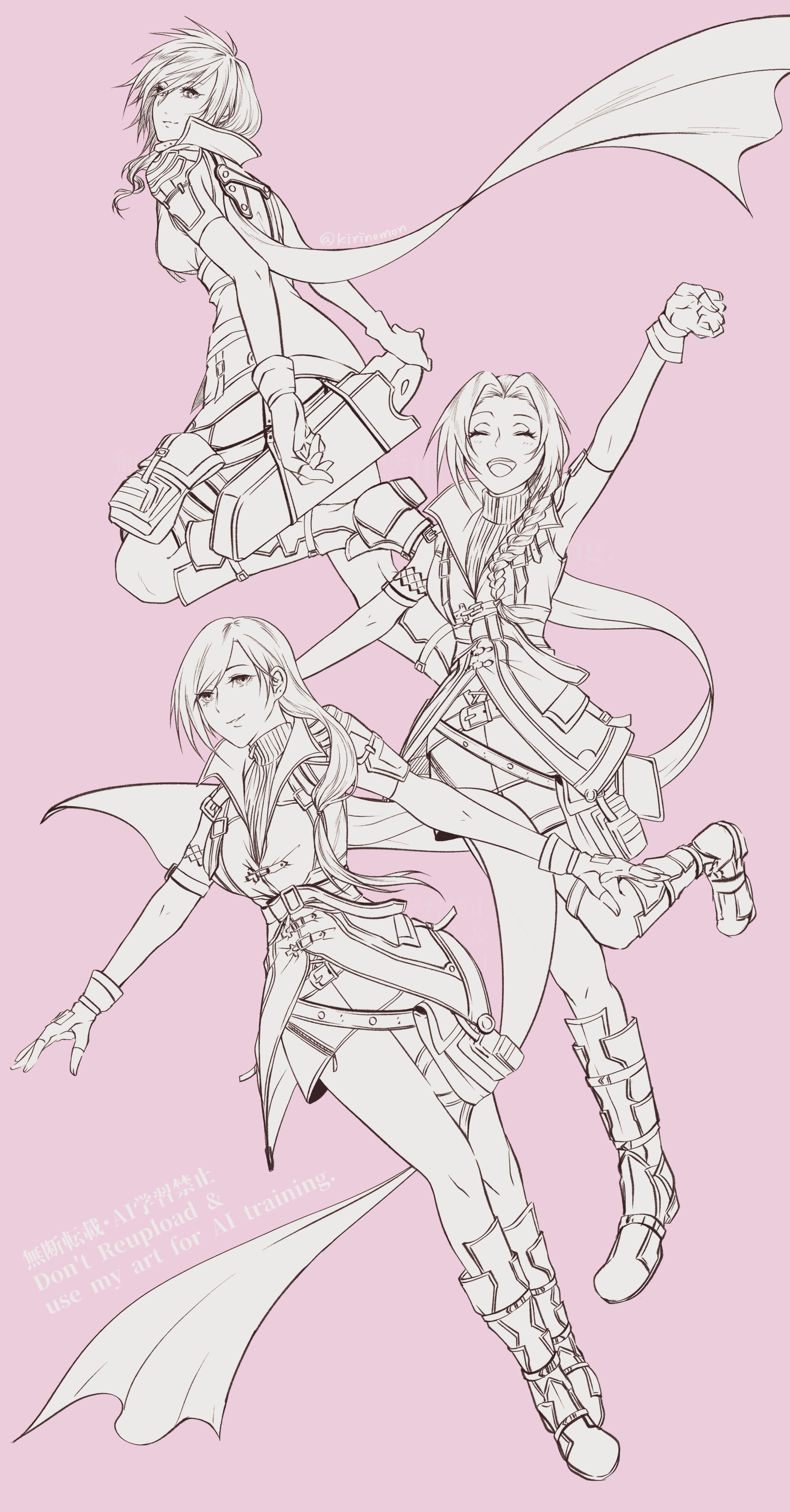 kirinomon, aerith gainsborough, lightning farron, tifa lockhart, final fantasy, final fantasy vii, final fantasy vii: ever crisis, final fantasy xiii, absurdres, commentary, english commentary, highres, 3girls, aerith gainsborough (guardian corps uniform), arm up, belt, belt buckle, boots, braid, buckle, closed mouth, cosplay, fingerless gloves, full body, gloves, in-franchise crossover, lightning farron (cosplay), lineart, long hair, looking at viewer, miniskirt, multiple girls, official alternate costume, open mouth, pink background, single braid, skirt, sleeveless, sleeveless jacket, sleeveless turtleneck, sweater, tifa lockhart (guardian corps uniform), turtleneck, turtleneck sweater, zipper