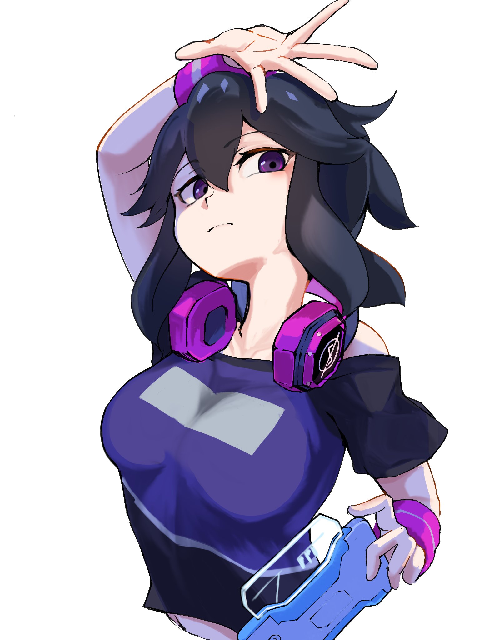 teiozaka mumu, dragon musume ni naritakunai!, duel masters, commentary request, highres, 1girl, black hair, breasts, closed mouth, cropped torso, hair between eyes, handheld game console, headphones, headphones around neck, holding, holding handheld game console, keen67261053417, off-shoulder shirt, off shoulder, purple eyes, purple shirt, shirt, solo, white background, wristband