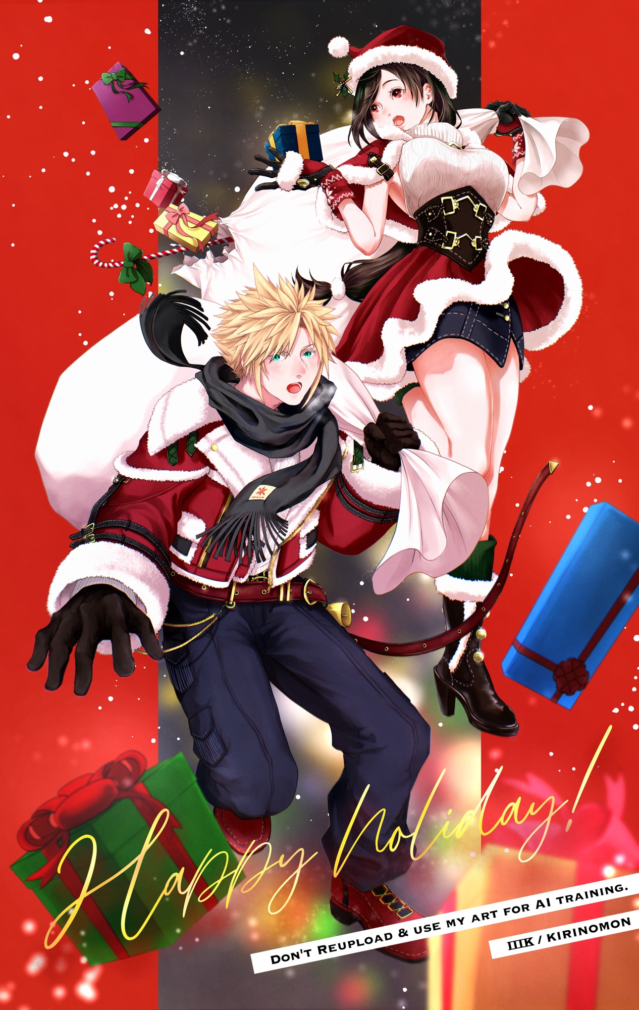 kirinomon, cloud strife, cloud strife (holiday outfit), tifa lockhart, tifa lockhart (fairy of the holy flame), final fantasy, final fantasy vii, final fantasy vii: ever crisis, commentary, english commentary, highres, 1boy, 1girl, artist name, belt, black boots, black gloves, black hair, black scarf, blonde hair, blue eyes, blue pants, blush, boots, box, breasts, breath, candy, candy cane, capelet, christmas, christmas present, denim, denim skirt, food, full body, fur-trimmed boots, fur-trimmed capelet, fur-trimmed headwear, fur-trimmed jacket, fur-trimmed skirt, fur trim, gift, gift box, gloves, hair ornament, happy holidays, hat, hat ornament, holding, holding sack, holly hat ornament, jacket, large breasts, long hair, low-tied long hair, miniskirt, official alternate costume, open mouth, pants, pom pom (clothes), pom pom hair ornament, red belt, red boots, red capelet, red eyes, red hat, red jacket, red skirt, sack, santa costume, santa hat, scarf, short hair, skirt, sleeveless, sleeveless turtleneck, spiked hair, sweater, thighs, turtleneck, turtleneck sweater, white sweater