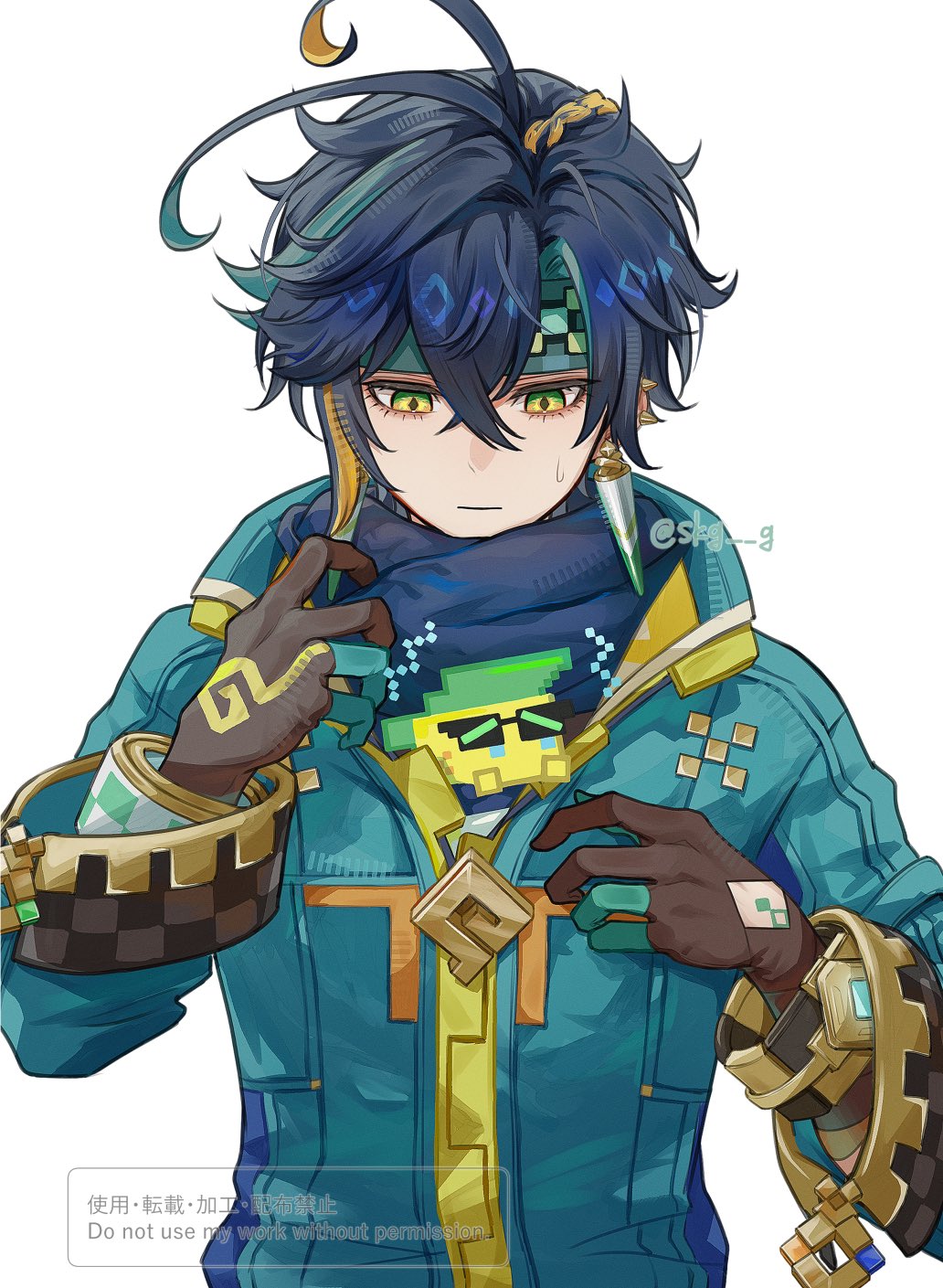 ajaw (genshin impact), kinich (genshin impact), genshin impact, commentary request, highres, 1boy, aqua jacket, black hair, brown gloves, closed mouth, earrings, gloves, green eyes, green hair, green headband, hair between eyes, headband, jacket, jewelry, long sleeves, male focus, multicolored hair, short hair, skg g, solo