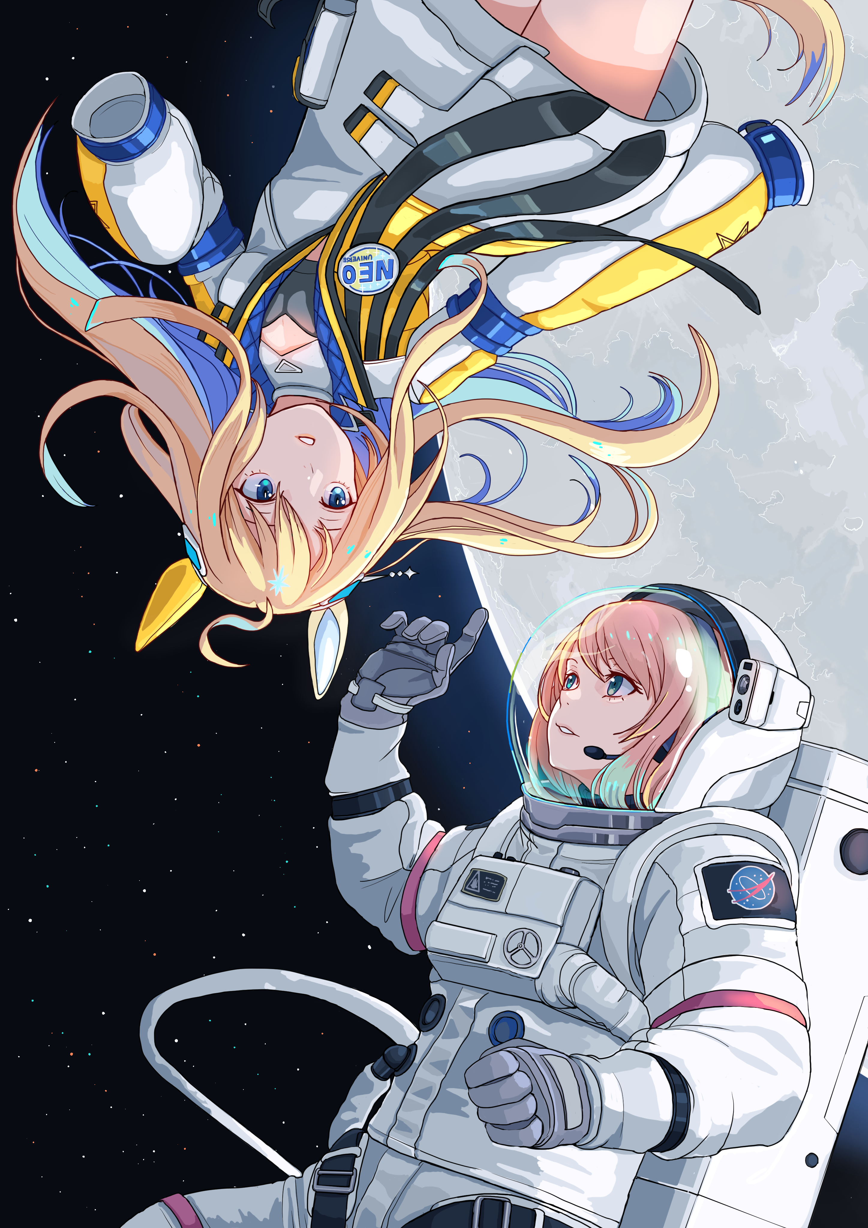 neo universe (umamusume), zeta (vtuber), indie virtual youtuber, umamusume, absurdres, commission, commissioner upload, highres, non-web source, 1girl, ahoge, animal ears, astronaut, backpack, bag, blonde hair, blue eyes, blue hair, breasts, colored inner hair, ear covers, ear ornament, gloves, gradient hair, helmet, horse ears, horse girl, horse tail, kiabook, long hair, moon, multicolored hair, open mouth, short hair, single ear cover, sleeves past fingers, sleeves past wrists, space, space helmet, spacesuit, tail, two-tone hair, two-tone tail, virtual youtuber