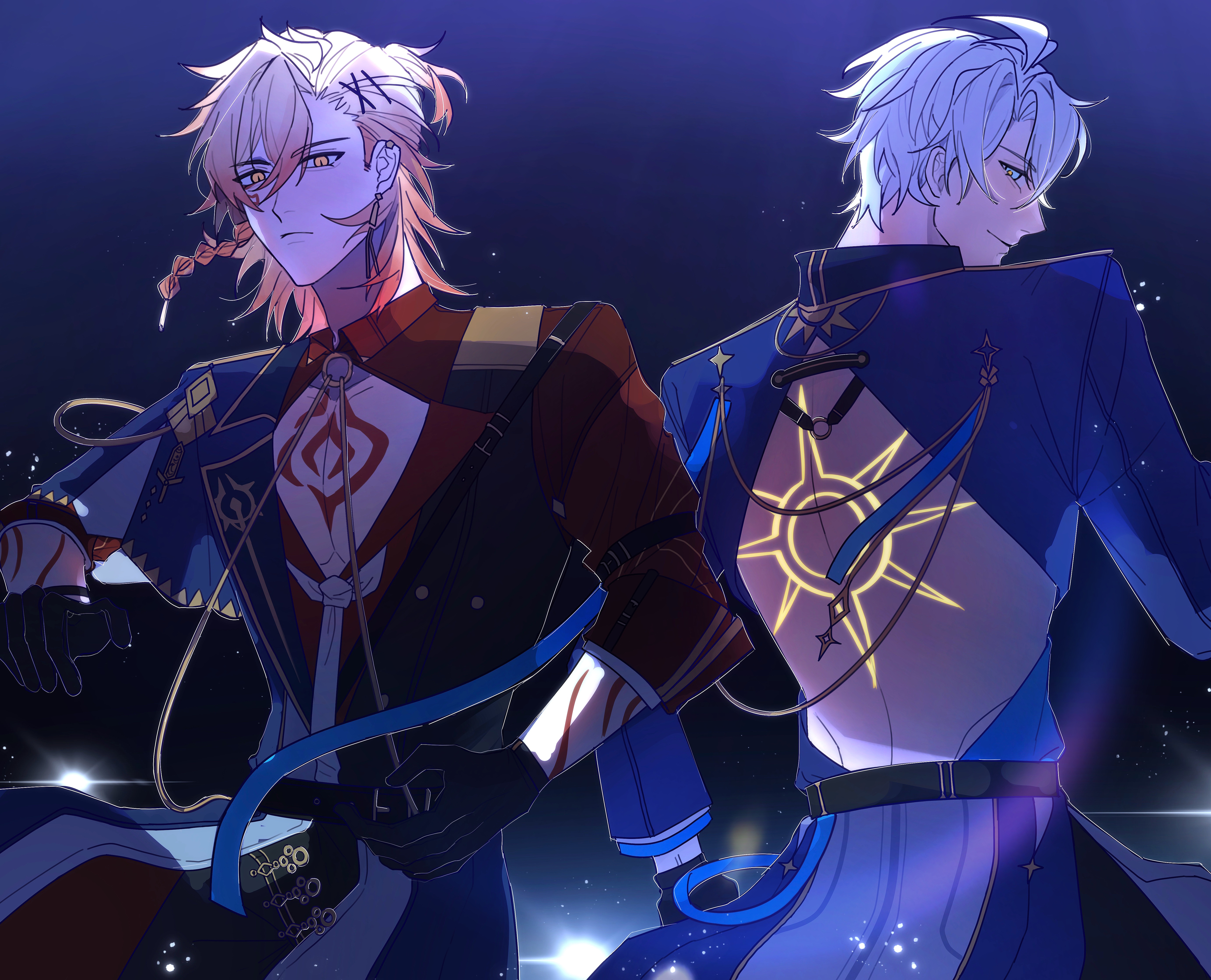 alteeno, mydei (honkai: star rail), phainon (honkai: star rail), honkai: star rail, honkai (series), absurdres, highres, 2boys, antenna hair, arm tattoo, back cutout, back tattoo, black gloves, blonde hair, blue coat, blue eyes, braid, chest tattoo, cleavage cutout, clothing cutout, coat, facial tattoo, gloves, gradient hair, hair ornament, hairpin, male focus, medium hair, multicolored hair, multiple boys, parted bangs, red coat, red hair, red tattoo, sansanjintianxiewenlema, short hair, side braid, tattoo, white hair, yellow eyes