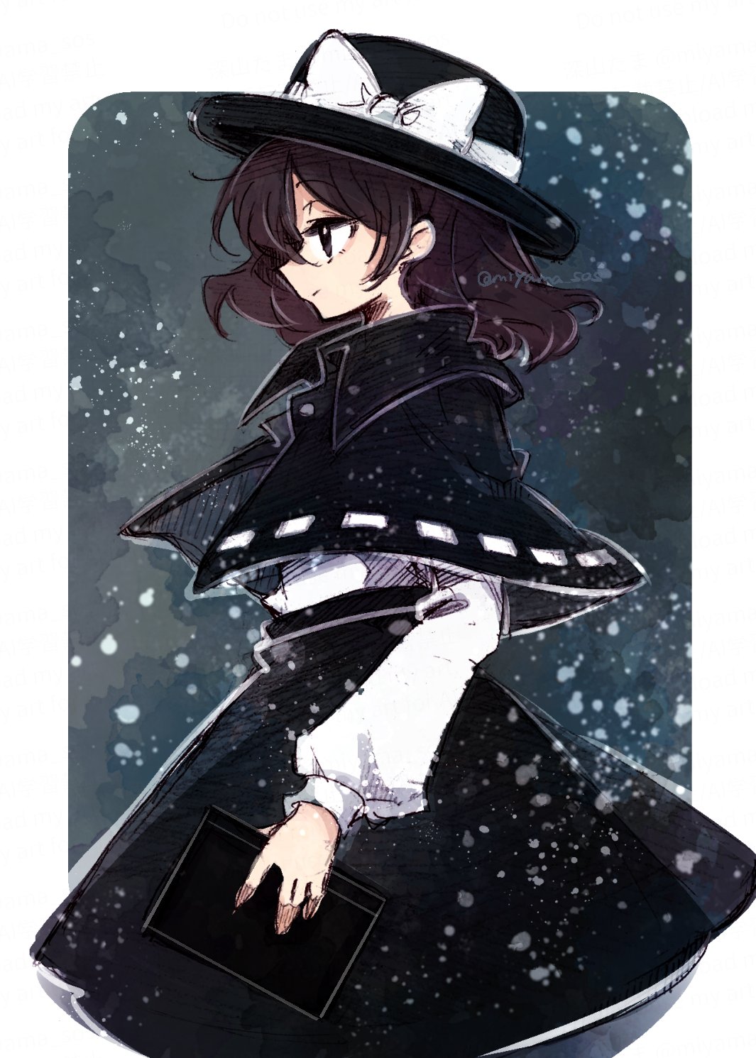 tama (hiroshige 36), usami renko, touhou, commentary request, highres, 1girl, black capelet, black hat, black skirt, book, bow, brown eyes, brown hair, capelet, hat, hat bow, holding, holding book, long hair, long sleeves, looking to the side, shirt, shirt tucked in, skirt, snowing, solo, white bow, white shirt