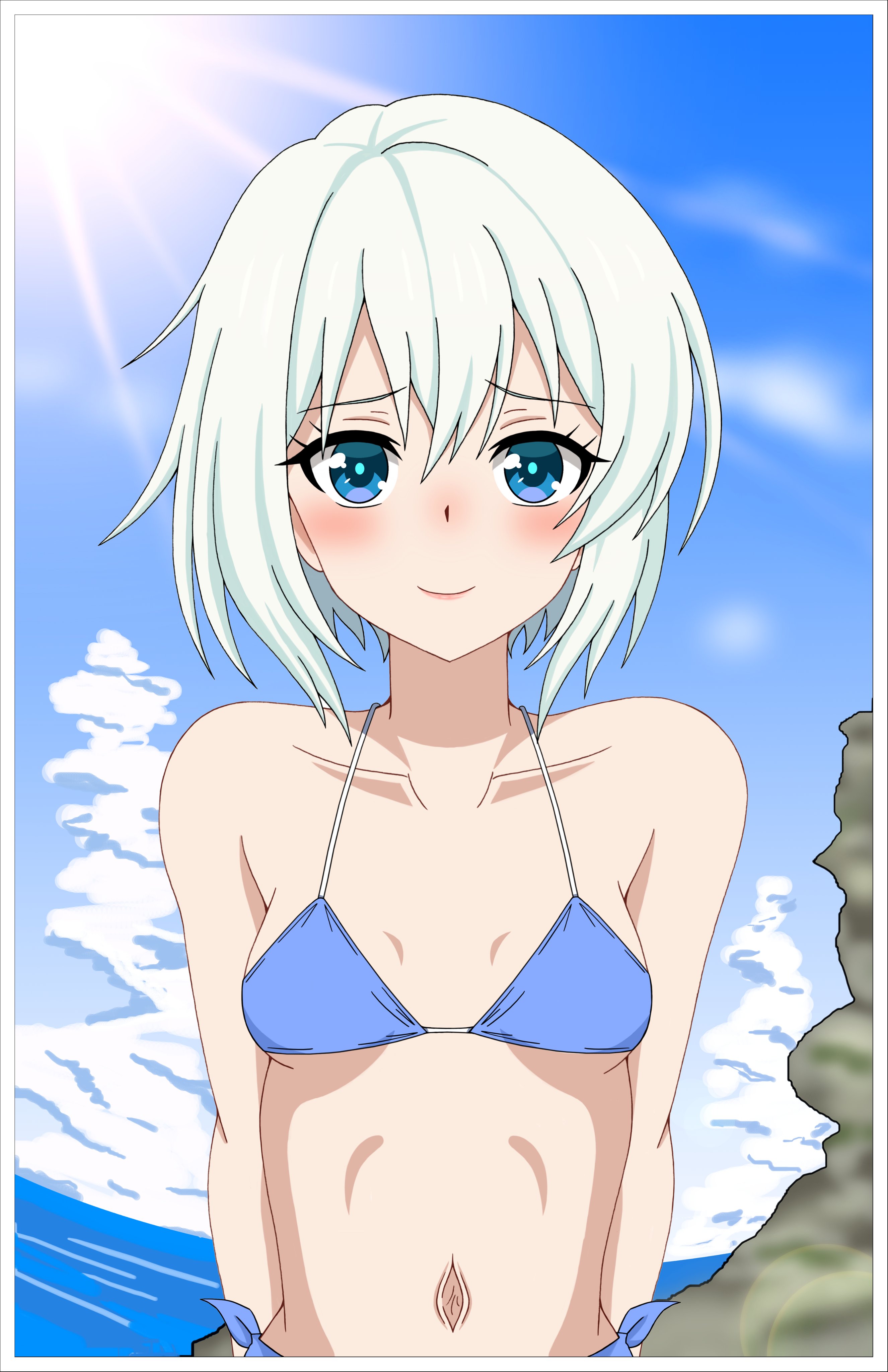 bertsr, cinderella series, hachigatsu no cinderella nine, absurdres, commentary request, highres, 1girl, bikini, blue bikini, blue eyes, blue sky, blush, border, closed mouth, cloud, cloudy sky, mashiro rei (hachigatsu no cinderella nine), navel, ocean, outdoors, sky, solo, sunlight, swimsuit, upper body, white border