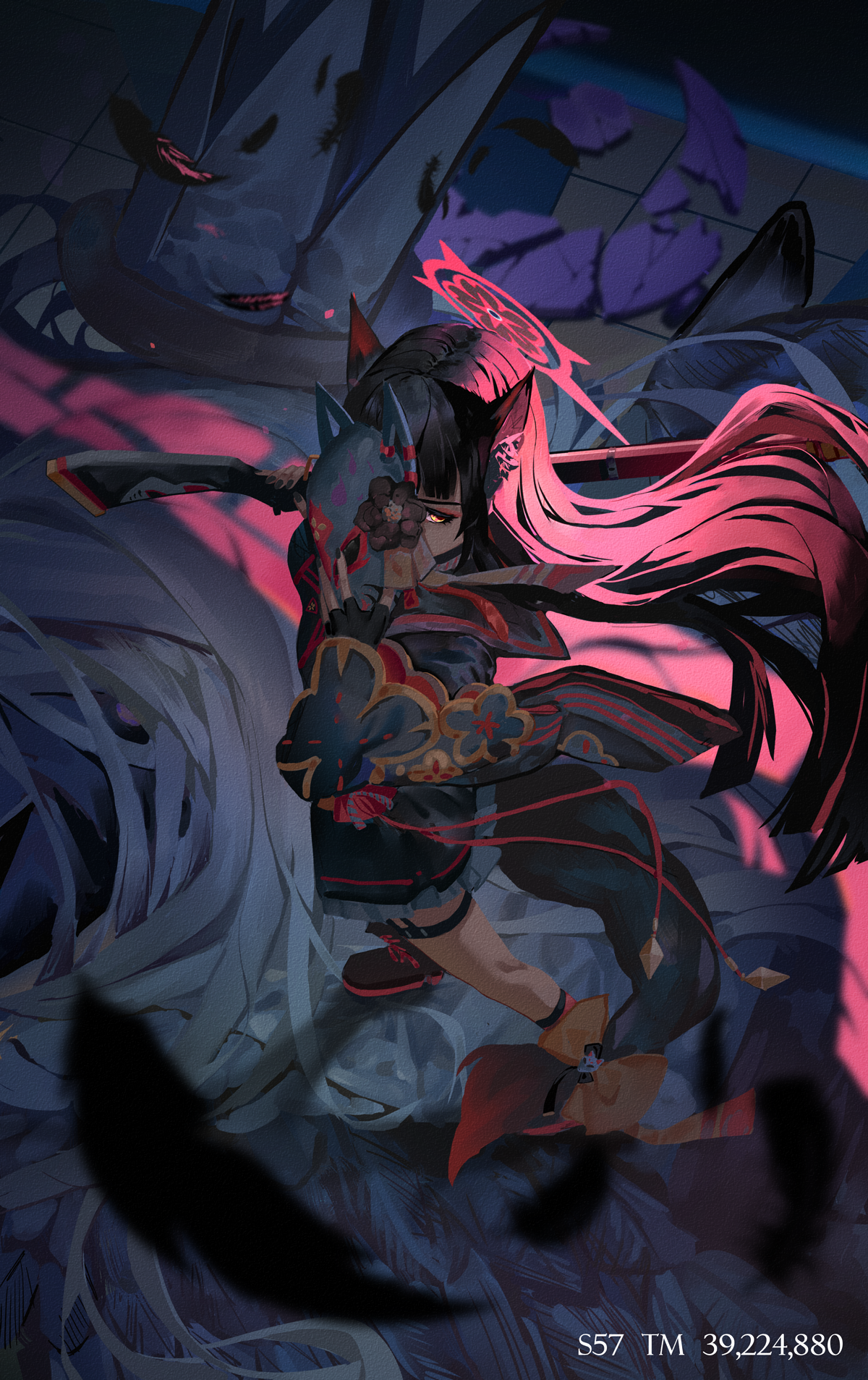 aircctzillie, wakamo (blue archive), blue archive, commentary request, highres, mixed-language commentary, 1girl, animal ear fluff, animal ears, arisaka, black boots, black gloves, black hair, black kimono, black nails, bolt action, boots, colored inner hair, fingerless gloves, floral print, floral print kimono, fox ears, fox girl, fox mask, fox tail, gloves, gun, halo, holding, holding gun, holding mask, holding weapon, japanese clothes, kimono, long hair, looking at viewer, mask, multicolored hair, print kimono, red hair, red halo, rifle, solo, tail, thigh strap, two-tone hair, weapon, wide sleeves, yellow eyes