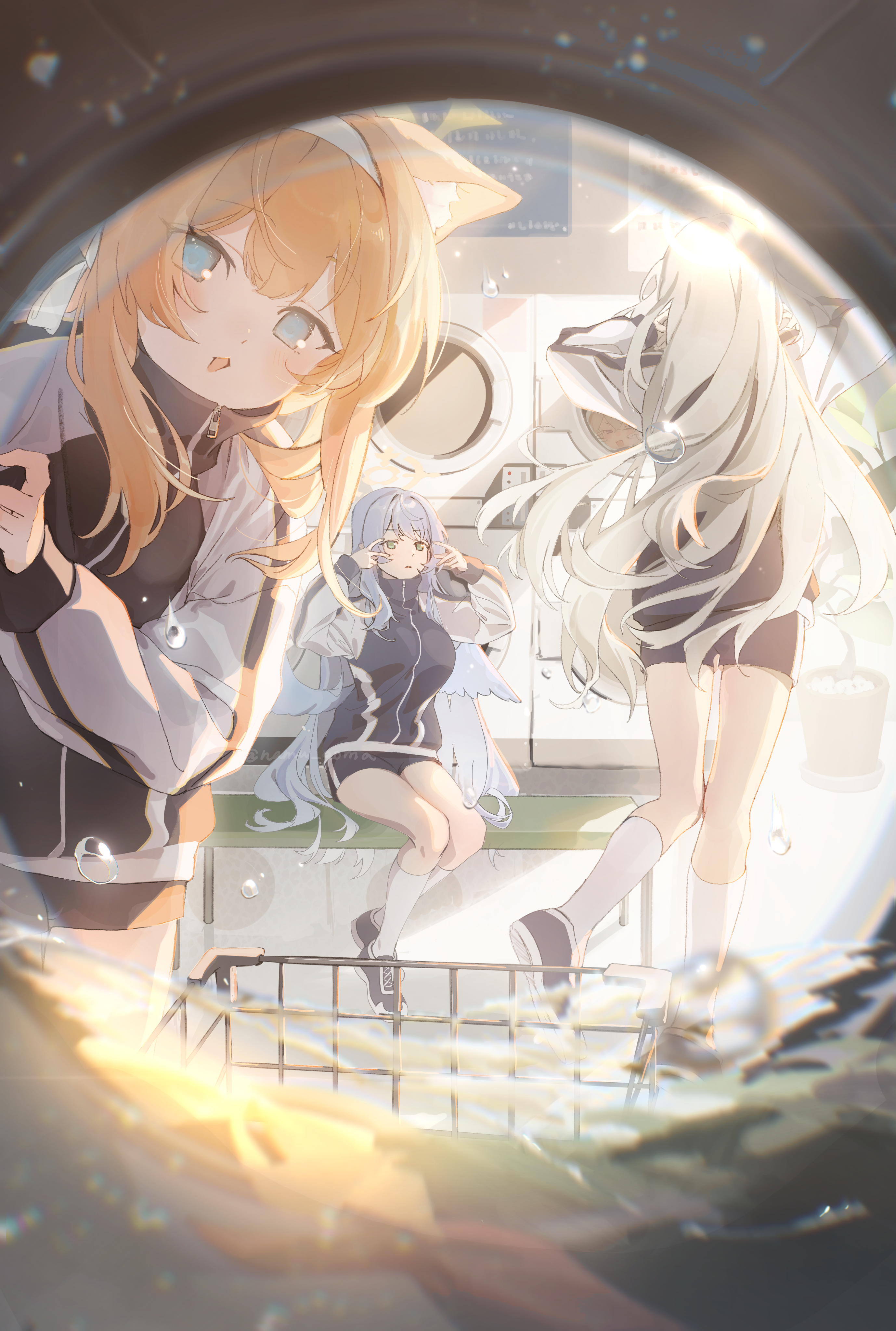 munikomamu, mari (blue archive), mari (track) (blue archive), mine (blue archive), sakurako (blue archive), blue archive, absurdres, commentary request, highres, 3girls, alternate costume, animal ear fluff, animal ears, black jacket, black shoes, black shorts, blue eyes, blue hair, blue wings, blush, cat ears, cat girl, double v, feathered wings, green eyes, grey hair, hairband, halo, jacket, kneehighs, laundromat, low wings, multiple girls, official alternate costume, one eye closed, open mouth, orange hair, reflection, shoes, shorts, sitting, socks, standing, standing on one leg, track suit, v, white hairband, white sleeves, white socks, wings, yellow halo