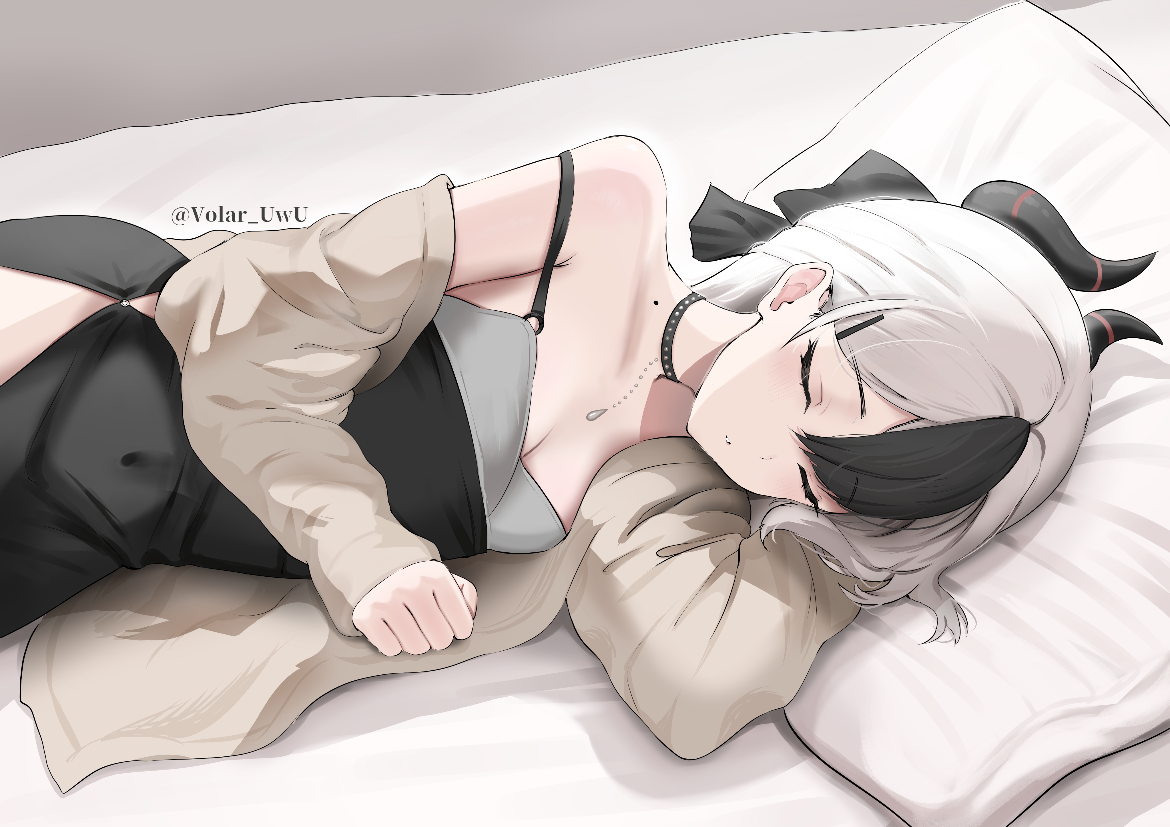 volar uwu, kayoko (blue archive), kayoko (dress) (blue archive), blue archive, absurdres, commentary, english commentary, highres, 1girl, black bow, black choker, black dress, black hair, bow, breasts, brown jacket, choker, cleavage, closed eyes, collarbone, demon girl, demon horns, dress, grey hair, hair bow, half updo, horns, jacket, lying, mole, mole on collarbone, multicolored hair, official alternate costume, official alternate hairstyle, on side, open clothes, open jacket, parted lips, side slit, single bare shoulder, sleeping, solo, two-tone hair