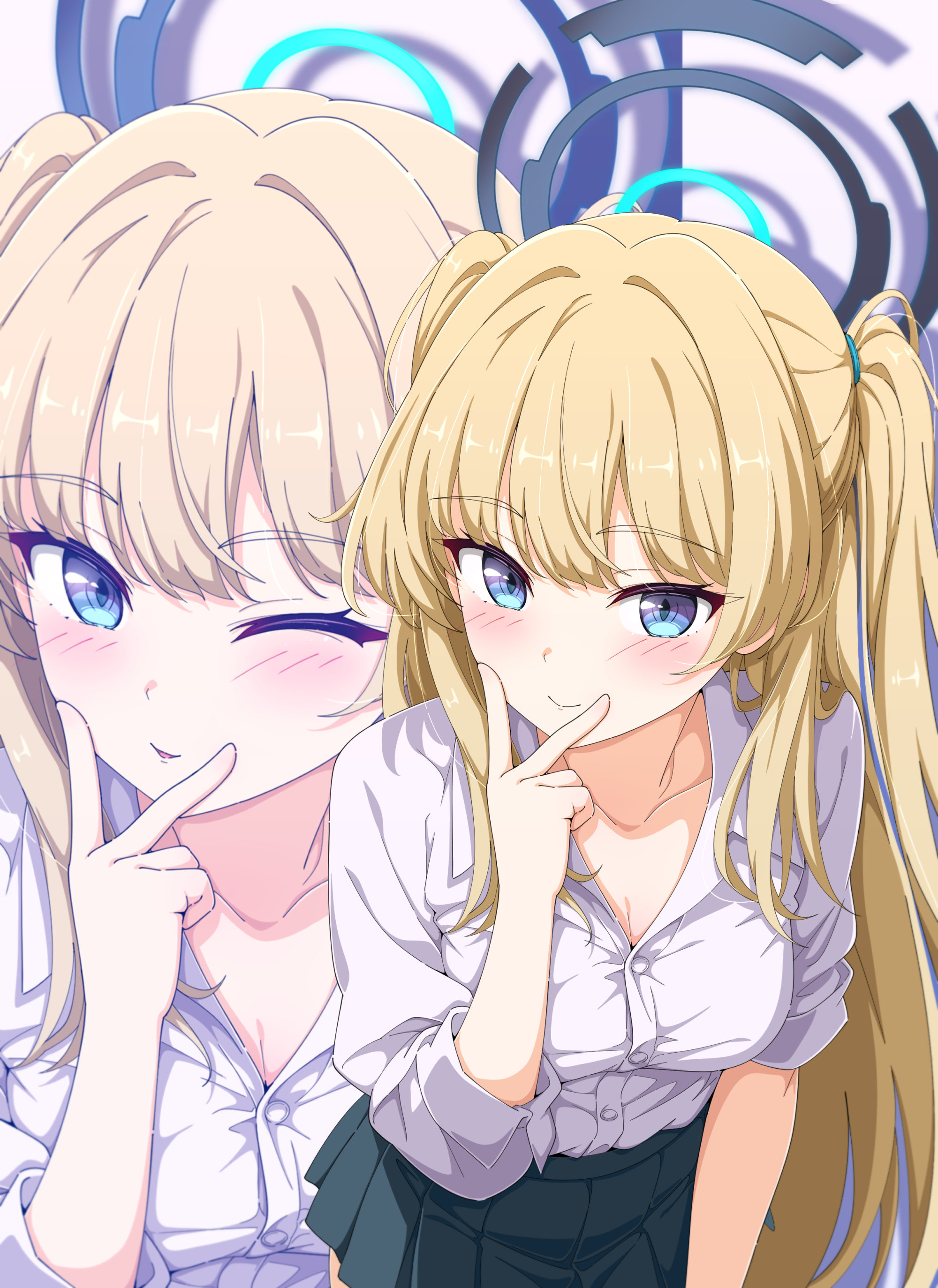 kame (nokonoko10271), toki (blue archive), blue archive, absurdres, commentary, highres, 1girl, alternate costume, alternate hairstyle, blonde hair, blue eyes, blue halo, breasts, cleavage, closed mouth, collared shirt, green skirt, halo, long hair, looking at viewer, medium breasts, one eye closed, open mouth, pleated skirt, shirt, skirt, smile, solo, twintails, v, v over mouth, white shirt