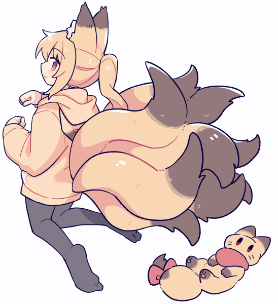 suzuno (suzuno3110), original, 1girl, animal ear fluff, animal ears, black pantyhose, blonde hair, blush, closed mouth, fox ears, fox girl, fox tail, full body, hands up, hood, hood down, hoodie, kitsune, kneeling, long hair, long sleeves, no shoes, pantyhose, ponytail, red eyes, sidelocks, simple background, smile, solo, tail, white background, yellow hoodie