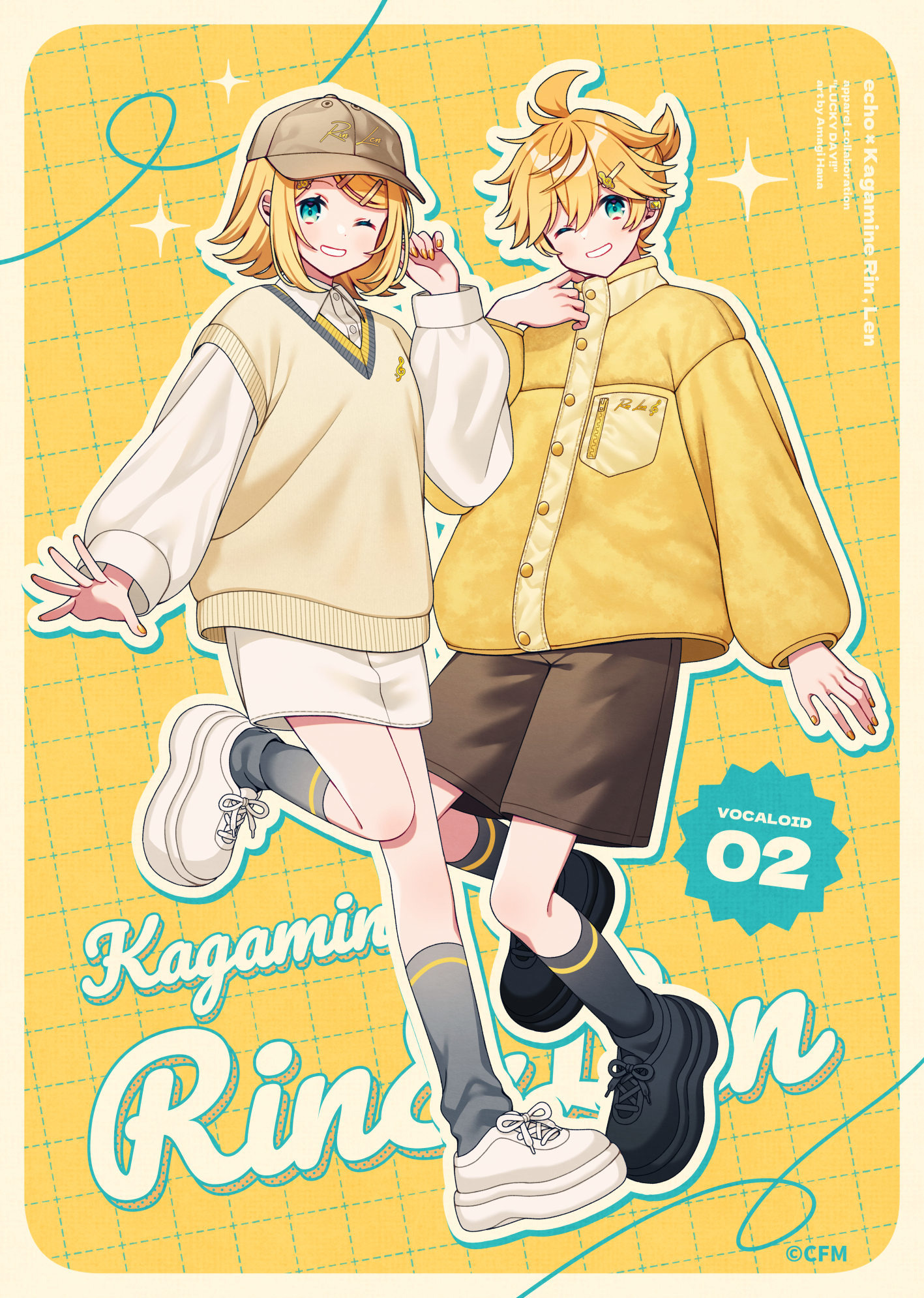 amagi hana, kagamine len, kagamine rin, vocaloid, commentary request, highres, official art, 1boy, 1girl, ;d, artist name, black shoes, black socks, blonde hair, blue eyes, brown hat, brown shorts, character name, collared shirt, copyright notice, full body, grey socks, hair ornament, hairclip, hat, jacket, leg up, long sleeves, one eye closed, open mouth, outline, puffy long sleeves, puffy sleeves, shirt, shoes, shorts, smile, socks, white outline, white shirt, white shoes, yellow jacket, yellow theme