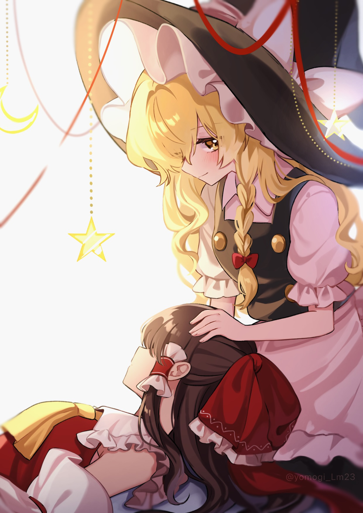 yomogi 9392, hakurei reimu, kirisame marisa, touhou, commentary request, highres, 2girls, apron, ascot, black hat, black skirt, black vest, blonde hair, blush, bow, braid, brown hair, closed mouth, detached sleeves, frilled bow, frilled hair tubes, frills, hair bow, hair tubes, hand on another's head, hat, hat bow, lap pillow, long hair, looking at another, multiple girls, puffy short sleeves, puffy sleeves, red bow, short sleeves, side braid, single braid, skirt, smile, star (symbol), vest, waist apron, white apron, white bow, witch hat, yellow ascot, yellow eyes, yuri