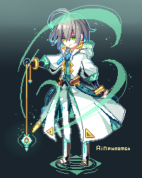 athria, ainchase ishmael, elsword, commentary, lowres, 1boy, ahoge, aqua hair, artist name, blue outline, boots, character name, closed mouth, colored inner hair, full body, gradient background, green eyes, green vest, grey hair, hair between eyes, holding, holding pendulum, hood, hood down, hooded robe, looking at viewer, male focus, multicolored hair, open clothes, open robe, outline, pants, pendulum, pixel art, robe, short hair, simple background, smile, solo, standing, two-tone hair, vest, white boots, white pants, white robe