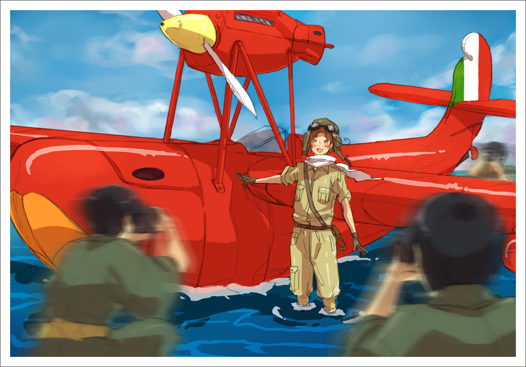 ktsn, japan (hetalia), northern italy (hetalia), axis powers hetalia, 00s, 2boys, = =, aircraft, airplane, black hair, brown hair, camera, flying boat, male focus, multiple boys, ocean, scarf, seaplane, vehicle focus