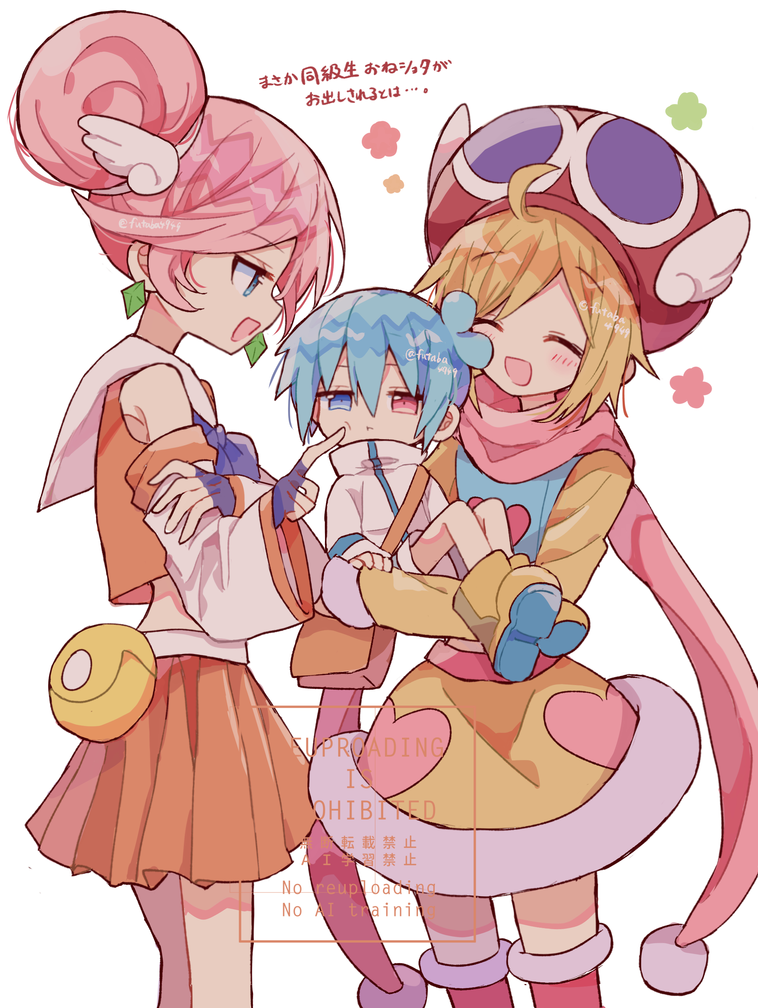 futaba969649, amitie (puyopuyo), raffina (puyopuyo), sig (puyopuyo), puyopuyo, absurdres, commentary request, highres, translation request, 1boy, 2girls, :d, :t, ^ ^, aged down, ahoge, bare shoulders, blonde hair, blue eyes, blush, carrying, carrying person, cheek poking, closed eyes, closed mouth, detached sleeves, dress, feet out of frame, fingerless gloves, flower symbol, gloves, hair between eyes, hair ornament, hat, heterochromia, long sleeves, multiple girls, open mouth, orange shirt, orange skirt, parted bangs, pink hair, pink thighhighs, pleated skirt, poking, purple gloves, red eyes, red hat, shirt, short hair, simple background, skirt, sleeveless, sleeveless shirt, smile, standing, thighhighs, twitter username, watermark, white background, wide sleeves, wing hair ornament, yellow dress, zettai ryouiki