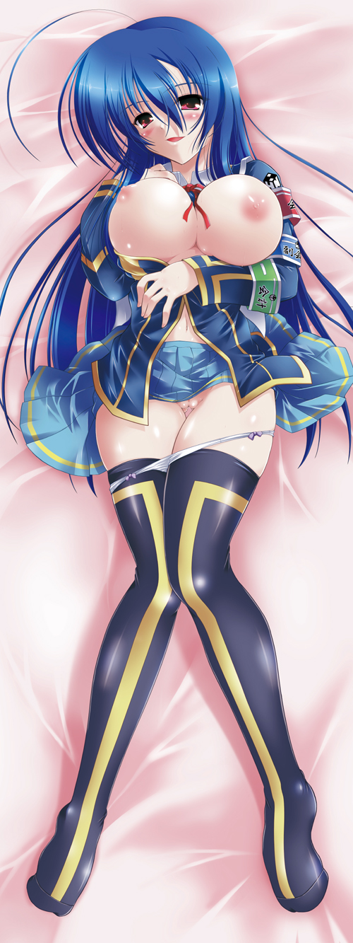 c.r., kurokami medaka, medaka box, highres, 1girl, armband, blush, breasts, cleft of venus, dakimakura (medium), female focus, full body, large breasts, long hair, nipples, panties, panty pull, pussy, smile, solo, thigh gap, thighhighs, thighs, uncensored, underwear