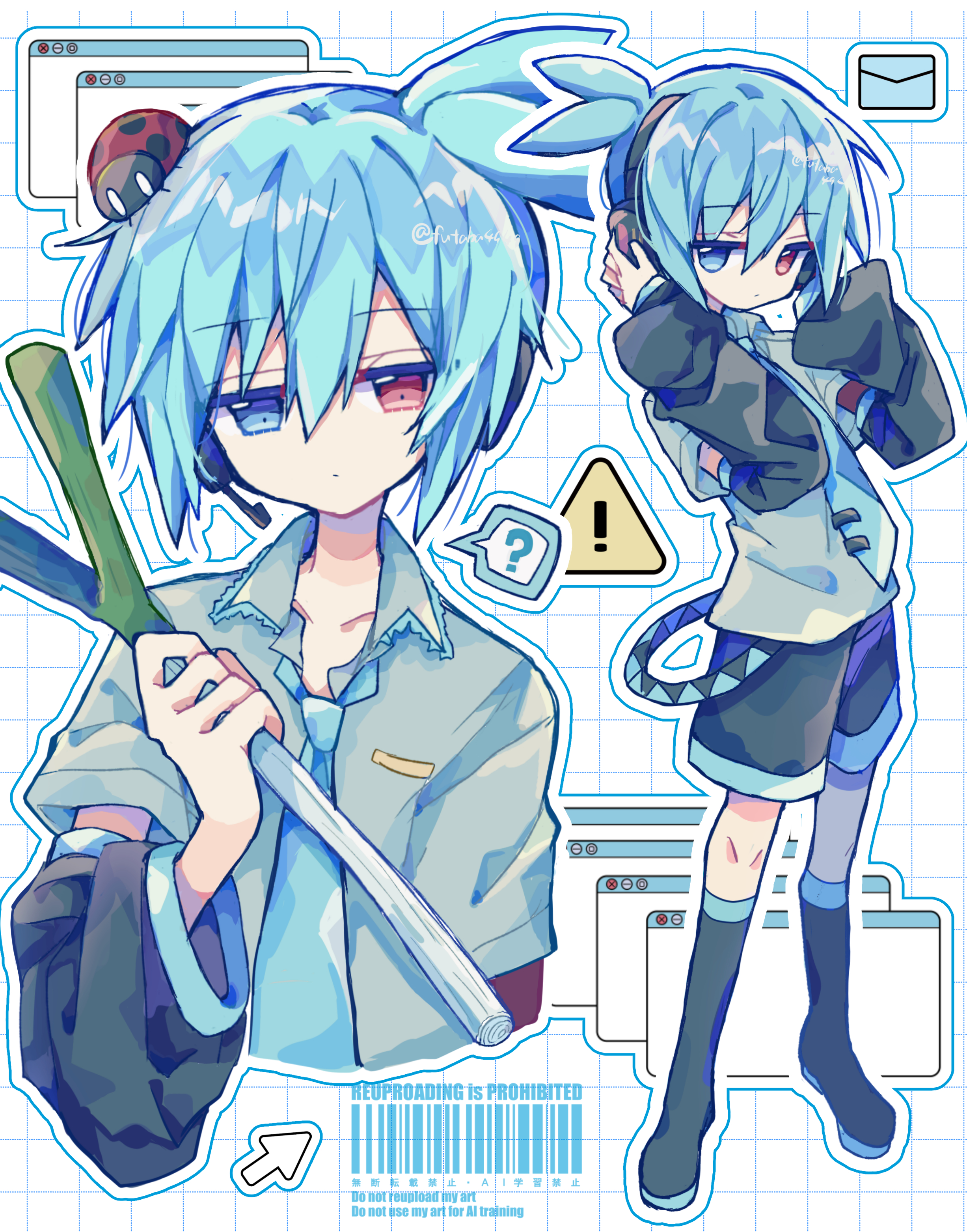 futaba969649, hatsune mikuo, sig (puyopuyo), puyopuyo, vocaloid, absurdres, commentary request, highres, 1boy, ?, black boots, black shorts, blue eyes, blue hair, blue necktie, boots, closed mouth, collarbone, collared shirt, cosplay, cropped torso, cursor, double-parted bangs, food, full body, grey shirt, grid background, hair between eyes, hatsune mikuo (cosplay), heterochromia, holding, holding food, holding spring onion, holding vegetable, knee boots, looking at viewer, male focus, multiple views, necktie, outline, red eyes, shirt, short hair, short sleeves, shorts, spoken question mark, spring onion, standing, tie clip, vegetable, watermark, white background, white outline, window (computing)