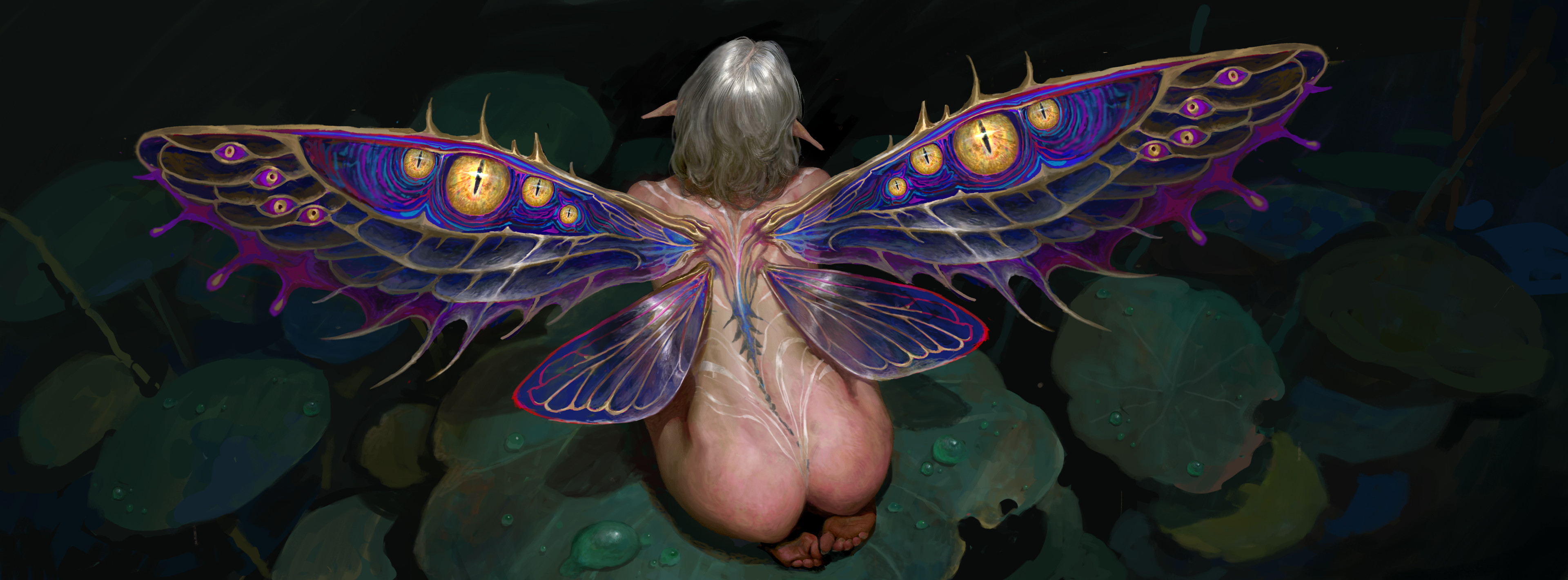 wangdaye, original, absurdres, commentary request, highres, 1girl, ass, barefoot, dew drop, eye print, fairy, fairy wings, from behind, grey hair, lily pad, mini person, minigirl, pointy ears, seiza, sitting, water drop, wings