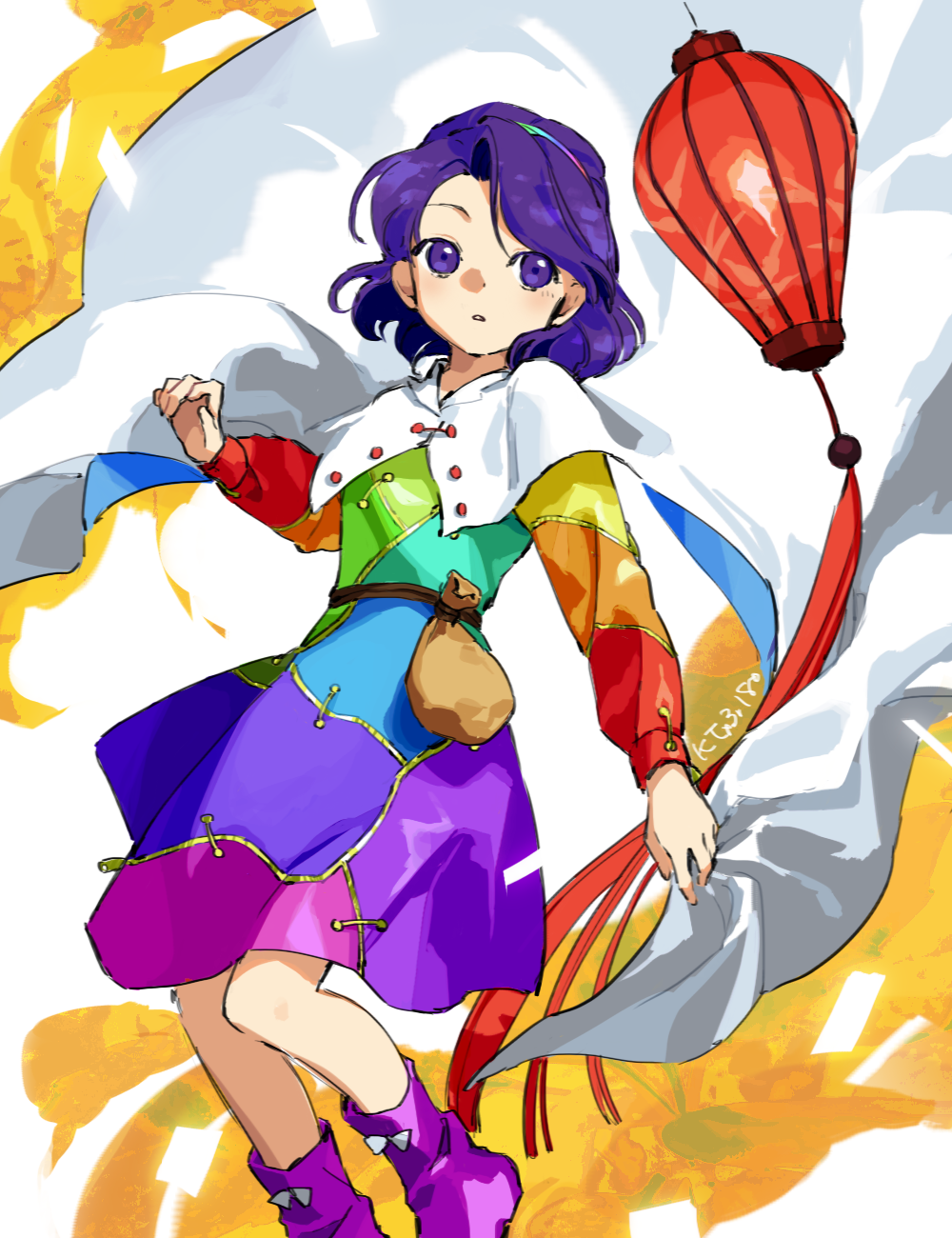 kaigen 1025, tenkyuu chimata, touhou, commentary, highres, 1girl, belt, belt pouch, boots, bow, cape, dress, expressionless, footwear bow, hairband, lantern, long sleeves, multicolored dress, multicolored hairband, paper lantern, parted lips, patchwork clothes, pouch, purple boots, purple eyes, purple hair, rainbow hairband, short hair, solo, twitter username, two-sided cape, two-sided fabric, white bow, white cape