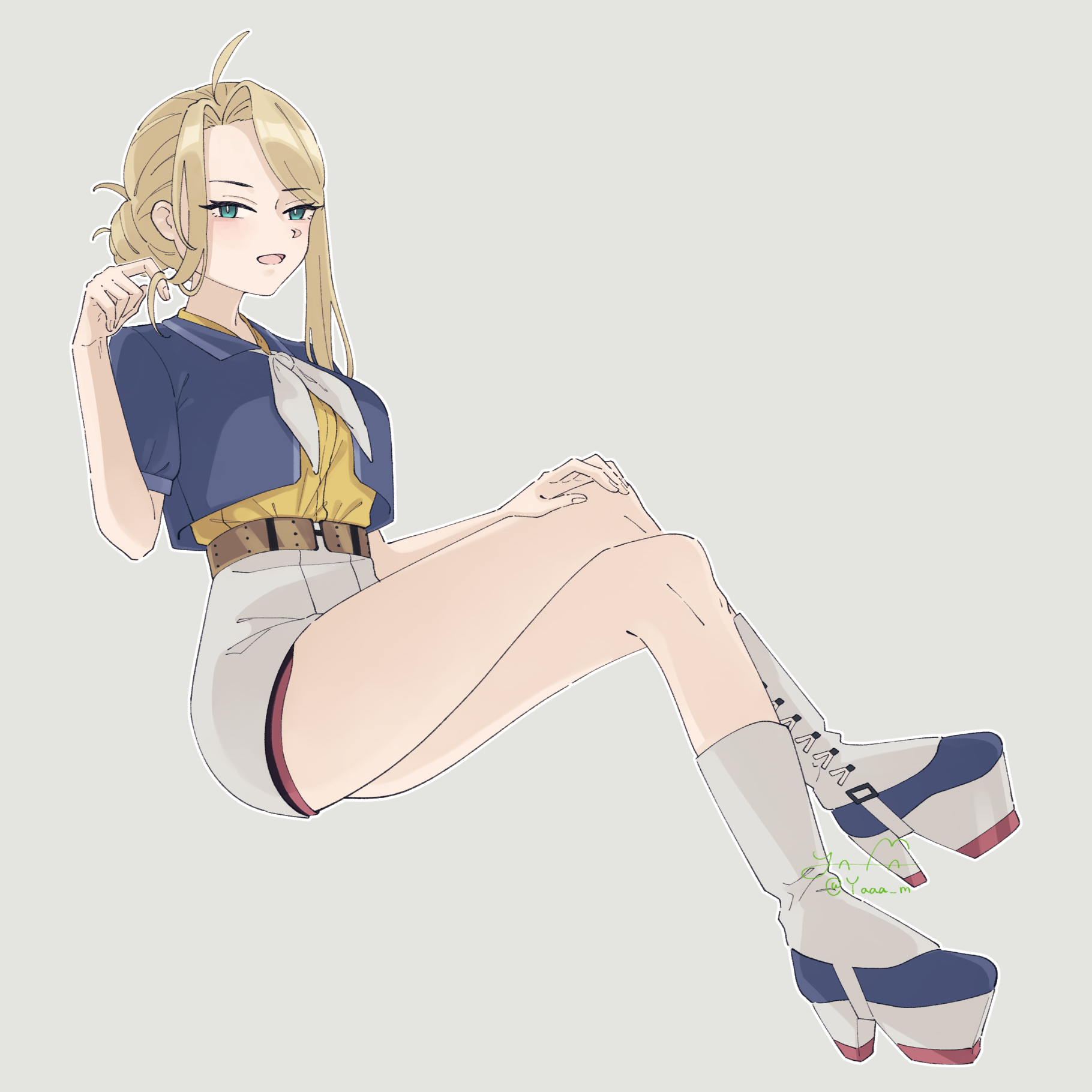 yama (yam0a), wasp (kancolle), kantai collection, commentary request, highres, 1girl, ahoge, asymmetrical hair, belt, blonde hair, blue shirt, breasts, brown belt, green eyes, grey background, grey neckerchief, grey skirt, hair bun, large breasts, long hair, neckerchief, shirt, short sleeves, sitting, skirt, solo