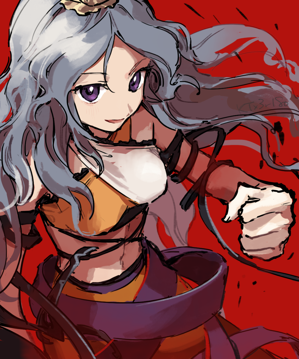 kaigen 1025, chirizuka ubame, touhou, commentary, highres, 1girl, clenched hand, crop top, grey hair, halterneck, looking at viewer, midriff, purple eyes, purple ribbon, red background, ribbon, smile, solo