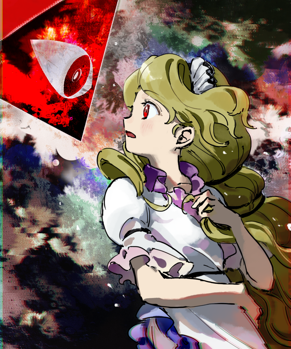 kaigen 1025, watari nina, touhou, commentary, highres, 1girl, abstract background, blonde hair, blush, chromatic aberration, clam shell ornament, collarbone, dress, eye of providence, frills, from side, hand on own stomach, holding, holding own hair, long hair, looking to the side, open mouth, red eyes, short sleeves, white dress