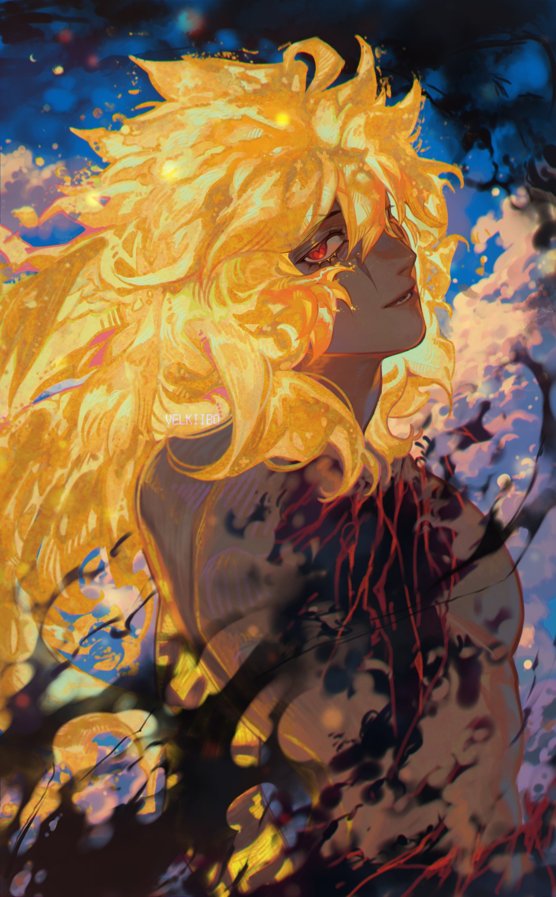 velkiibo, goetia (fate), king of men goetia (fate), fate/grand order, fate (series), absurdres, commentary, english commentary, highres, 1boy, amputee, arm at side, arm tattoo, artist name, blonde hair, blue sky, blurry, chromatic aberration, cloud, cloudy sky, dark-skinned male, dark skin, depth of field, facial mark, glowing, glowing hair, glowing tattoo, hair between eyes, long hair, looking at viewer, looking back, male focus, nude, open mouth, red eyes, sky, smile, solo, tattoo, upper body