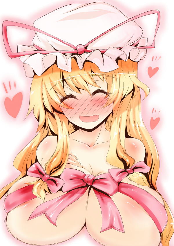 78rr, yakumo yukari, touhou, 1girl, blonde hair, blush, bow, breasts, closed eyes, female focus, hat, heart, huge breasts, long hair, naked ribbon, ribbon, solo, sweat, upper body, white background