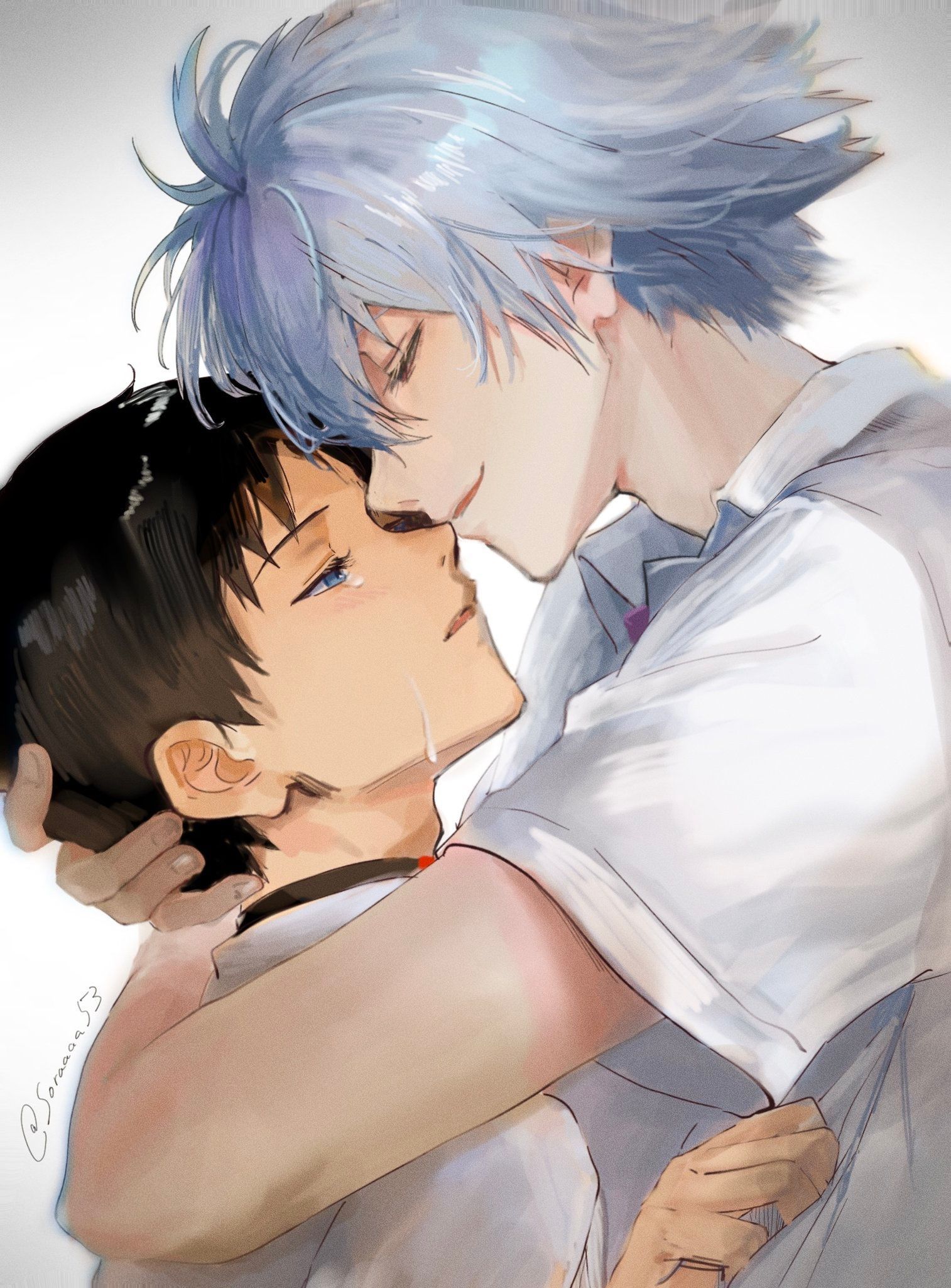 soraaaa53, ikari shinji, nagisa kaworu, neon genesis evangelion, commentary, english commentary, highres, 2boys, arms up, blue eyes, brown hair, closed mouth, collared shirt, crying, crying with eyes open, from side, hand on another's head, looking at another, male focus, multiple boys, open collar, parted bangs, parted lips, shirt, short sleeves, simple background, smile, streaming tears, tears, upper body, white background, white hair, white shirt, yaoi