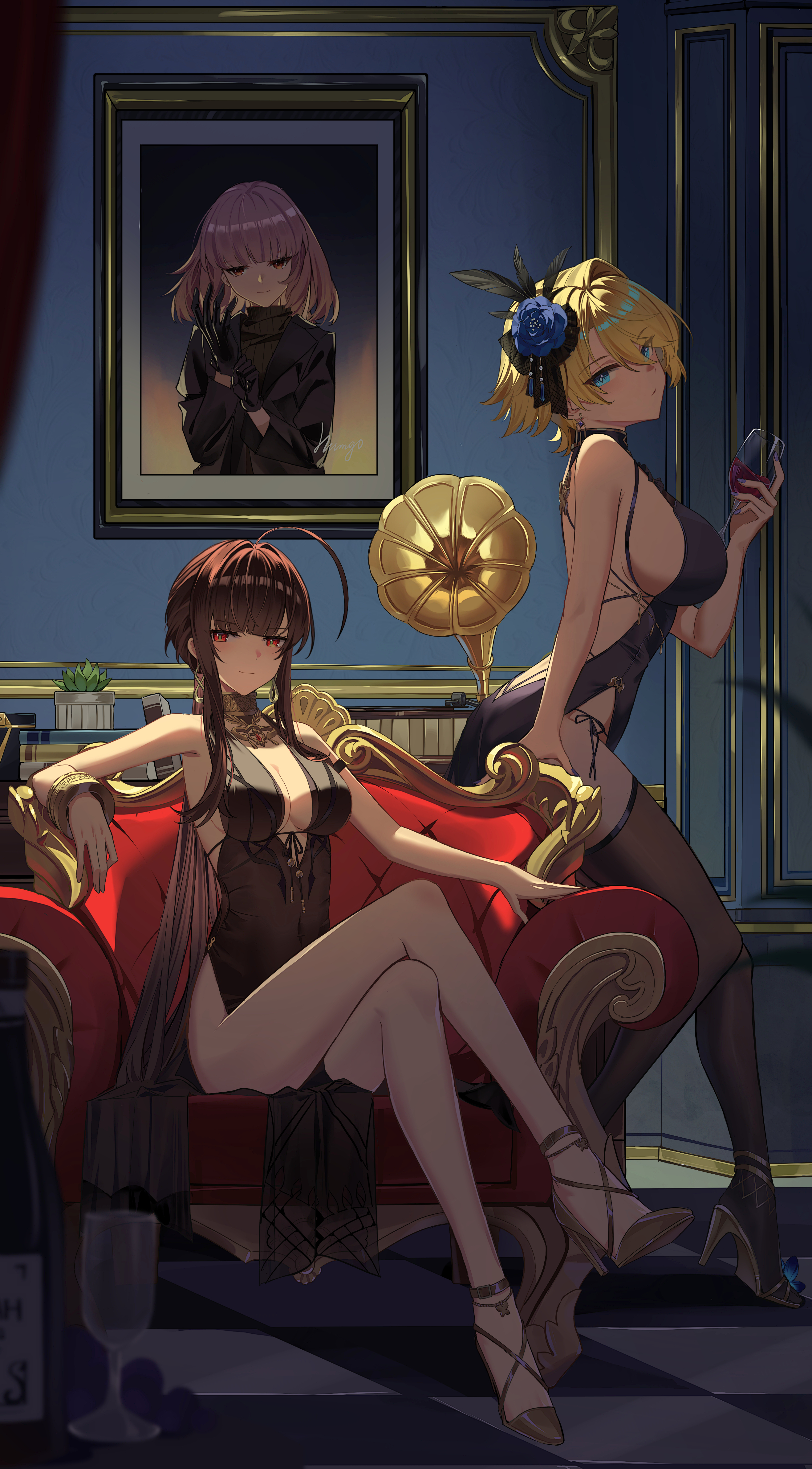 humugo, dsr-50 (girls' frontline), female commander (girls' frontline), loreley (girls' frontline 2), nikketa (girls' frontline 2), vsk-94 (girls' frontline), vsk-94 (night on the silver bay) (girls' frontline), girls' frontline, girls' frontline 2: exilium, absurdres, chinese commentary, commentary request, highres, 2girls, adjusting clothes, adjusting gloves, ahoge, alternate costume, black dress, black gloves, black jacket, black thighhighs, blonde hair, blue eyes, blue flower, bottle, breasts, brown hair, brown sweater, chair, cleavage, closed mouth, crossed legs, cup, dress, drinking glass, flower, gloves, hair flower, hair ornament, high heels, holding, holding cup, jacket, large breasts, long hair, looking at viewer, multiple girls, official alternate costume, pink hair, plant, portrait (object), potted plant, red eyes, shoes, short hair, sideboob, sitting, smile, sweater, thighhighs, wine glass, yellow shoes