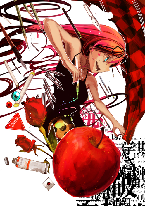 shimadoriru, original, bad id, bad pixiv id, tagme, 1girl, apple, blue eyes, bug, dice, female focus, flower, food, fruit, glasses, insect, ladybug, marker, multicolored hair, paint, pen, pencil, red flower, red rose, road sign, rose, sign, solo, star (symbol), stop sign, tablecloth, wooden pencil