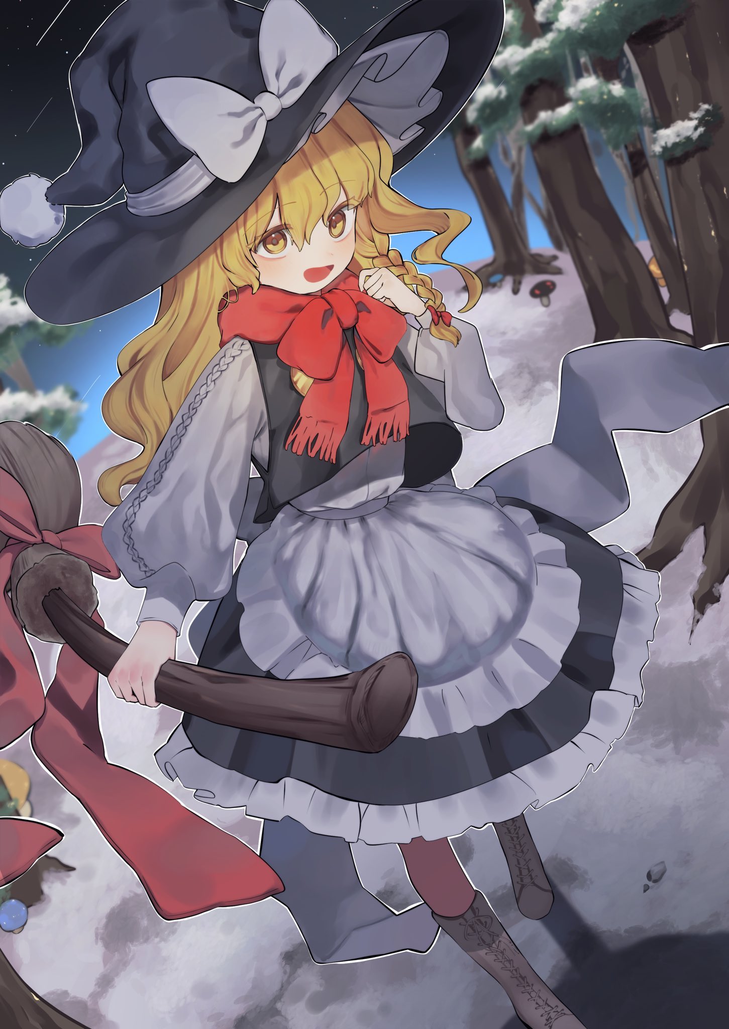 niru (ka k 0517), kirisame marisa, touhou, commentary request, highres, 1girl, apron, black hat, blonde hair, boots, bow, braid, broom, brown boots, hair bow, hat, hat bow, holding, holding broom, knee boots, long sleeves, looking at viewer, open mouth, outdoors, red bow, red scarf, scarf, side braid, single braid, smile, snow, solo, tree, waist apron, white apron, white bow, witch hat, yellow eyes