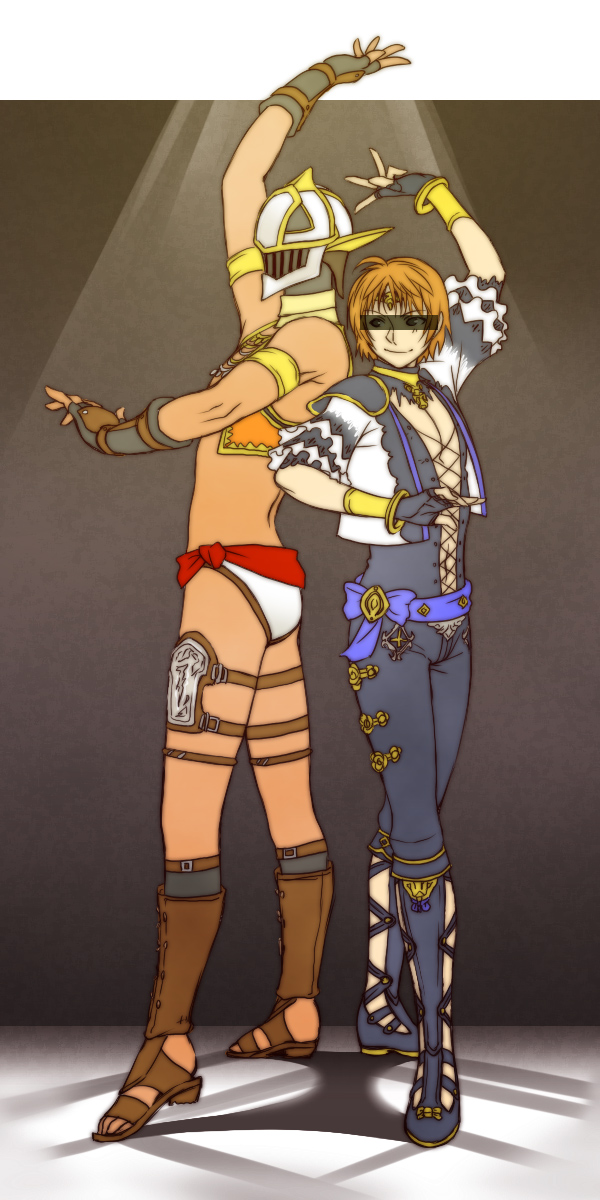 esaka, elvaan, kitanai ninja, final fantasy, final fantasy xi, m.u.g.e.n, highres, 00s, 2boys, censored, censored identity, dancer, elf, helmet, hume, male focus, multiple boys, pointless censoring, pointy ears, vaan (final fantasy xi)