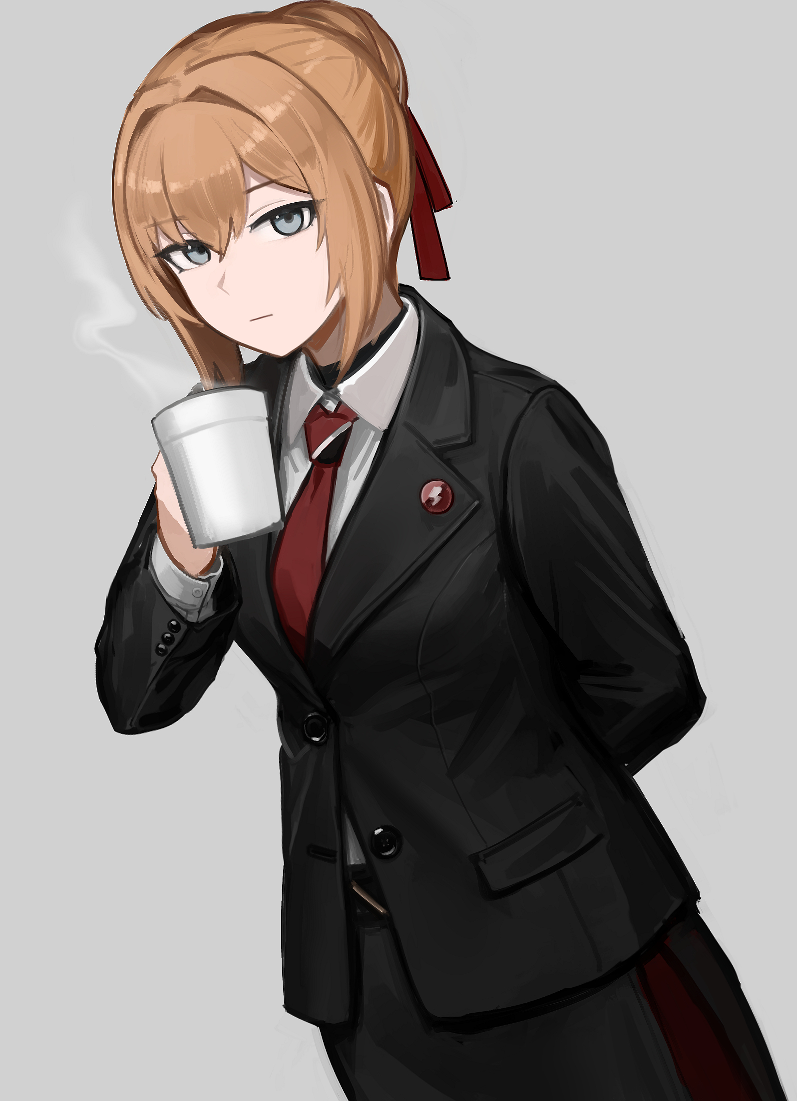 rampart1028, kalina (girls' frontline), girls' frontline, girls' frontline 2: exilium, commentary, highres, 1girl, arm behind back, black jacket, black skirt, closed mouth, collared shirt, cup, expressionless, grey background, grey eyes, holding, holding cup, jacket, looking at viewer, necktie, orange hair, red necktie, red ribbon, ribbon, shirt, simple background, skirt, solo, white shirt