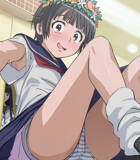 haruyama kazunori, himegami aisa, uiharu kazari, toaru kagaku no railgun, toaru majutsu no index, 00s, 2girls, armpit peek, armpits, black hair, blush, head wreath, leg warmers, legs, loose socks, multiple girls, panties, pantyshot, school uniform, serafuku, short hair, skirt, socks, striped clothes, striped panties, tears, underwear, upskirt