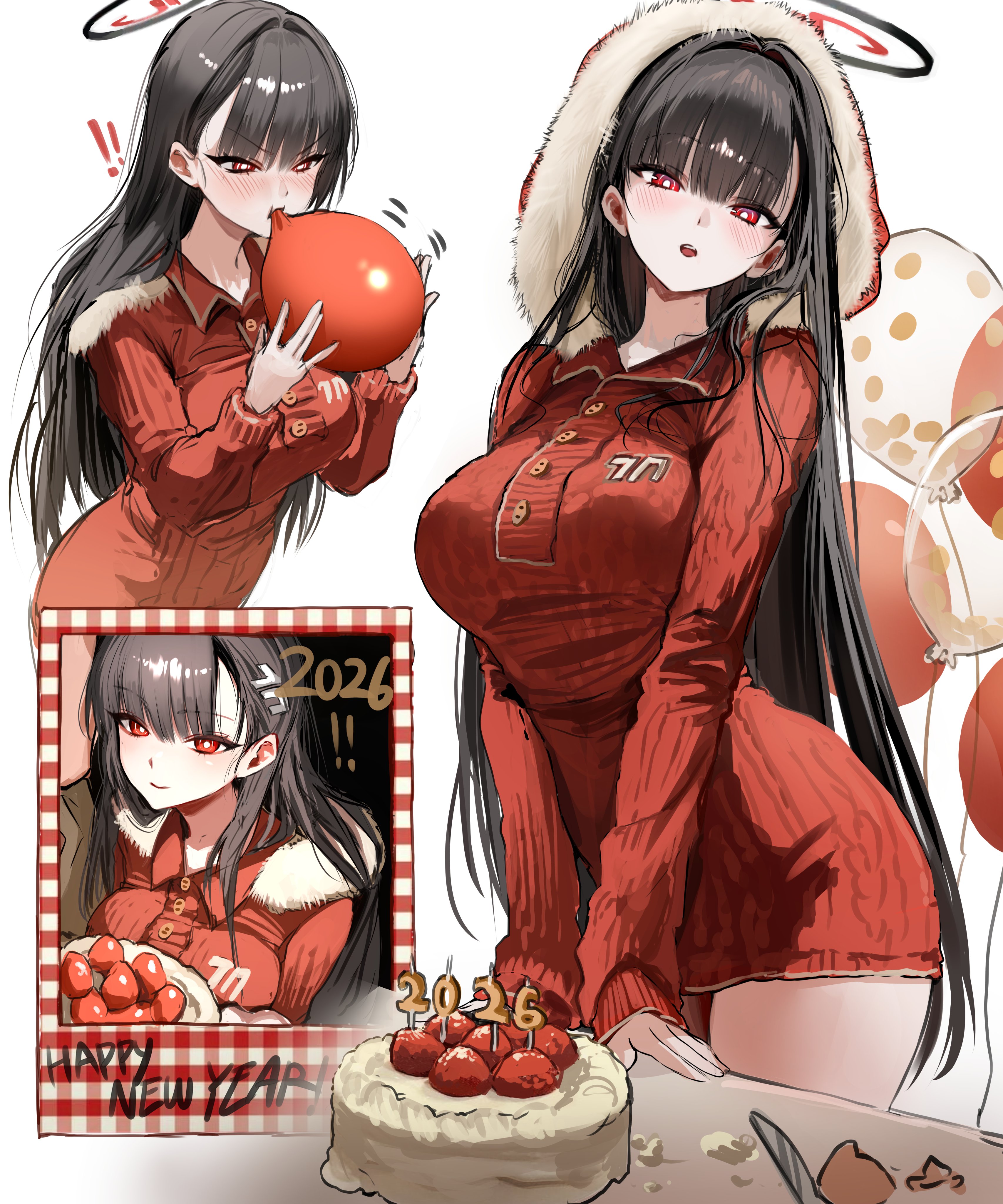 furuming1, rio (blue archive), blue archive, absurdres, commentary, english commentary, highres, !, !!, 1girl, 2026, alternate costume, balloon, black hair, blush, breasts, cake, dress, food, fur-trimmed dress, fur trim, halo, holding, holding balloon, hood, hood up, large breasts, looking at viewer, open mouth, red dress, red eyes, red halo, short dress, teeth, upper teeth only