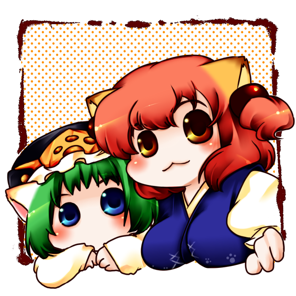 aoi mitsuru, onozuka komachi, shiki eiki, touhou, 2girls, :3, animal ears, blue eyes, blush, breasts, cat ears, cat girl, chibi, female focus, green hair, hair bobbles, hair ornament, hat, kemonomimi mode, large breasts, multiple girls, red hair, yellow eyes