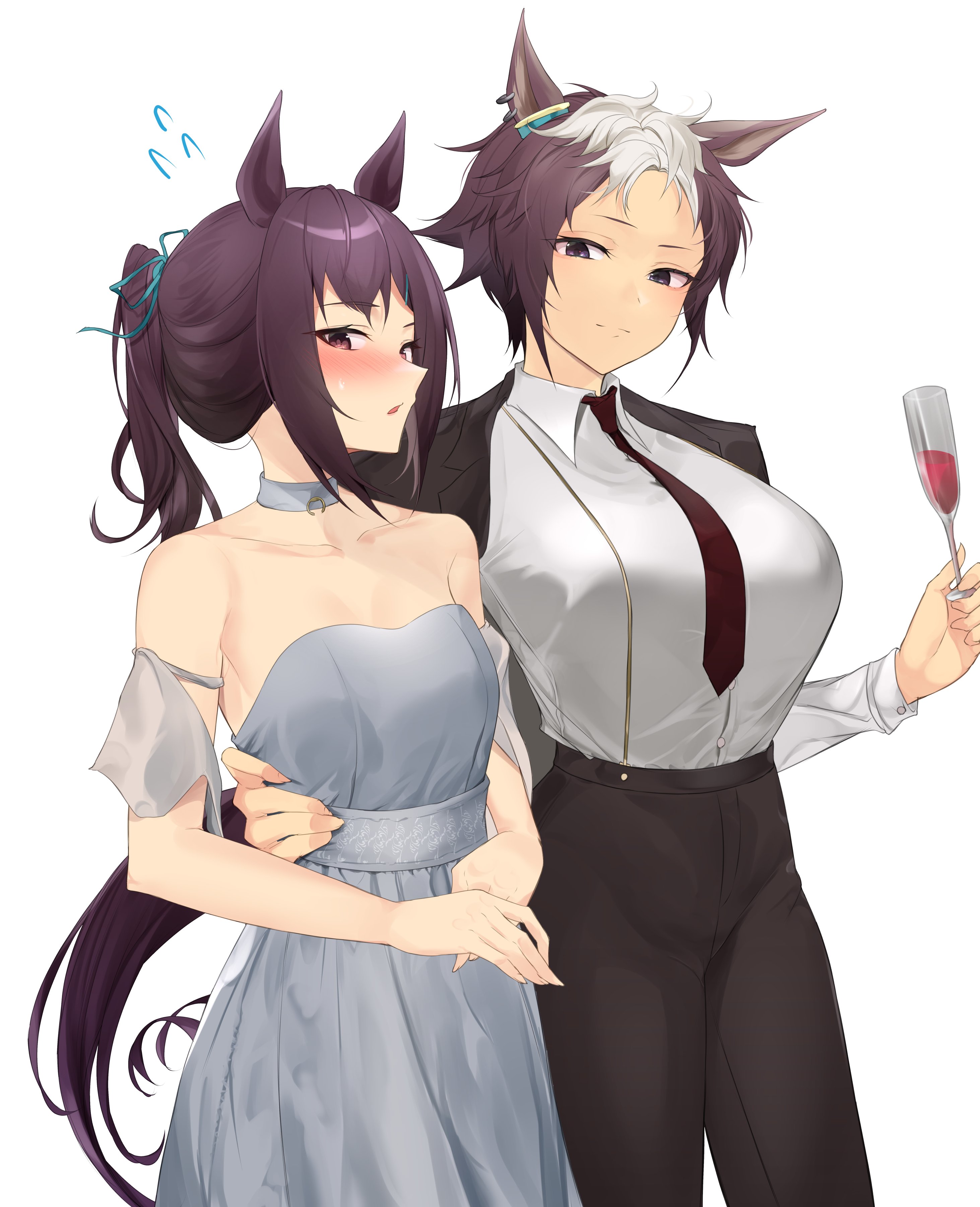 yomesuket, mejiro dober (umamusume), mejiro ryan (umamusume), umamusume, absurdres, commentary, highres, 2girls, alternate costume, alternate hairstyle, animal ears, aqua ribbon, bare shoulders, blush, breasts, brown hair, champagne flute, collarbone, crossdressing, crossdressing (ftm), cup, dress, drinking glass, ear ornament, flying sweatdrops, glass, grey dress, grey eyes, grey sash, hair ribbon, hand on another's waist, holding, holding cup, horse ears, horse girl, horse tail, jacket, jacket on shoulders, large breasts, long hair, long sleeves, looking at viewer, multicolored hair, multiple girls, necktie, nose blush, open mouth, pants, ponytail, ribbon, shirt, short hair, sidelocks, sideways glance, simple background, sleeveless, sleeveless dress, tail, two-tone hair, white background, white hair, white shirt