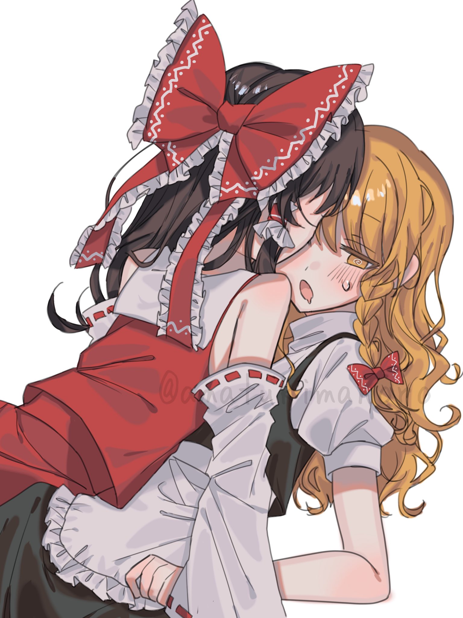 amatukimahoro, hakurei reimu, kirisame marisa, touhou, commentary request, highres, 2girls, apron, bare shoulders, black skirt, black vest, blonde hair, blush, bow, braid, brown hair, detached sleeves, frilled bow, frilled hair tubes, frills, girl on top, hair bow, hair tubes, multiple girls, puffy sleeves, red bow, red shirt, red skirt, ribbon-trimmed sleeves, ribbon trim, shirt, side braid, single braid, skirt, skirt set, turtleneck, vest, waist apron, white background, white shirt, yellow eyes, yuri